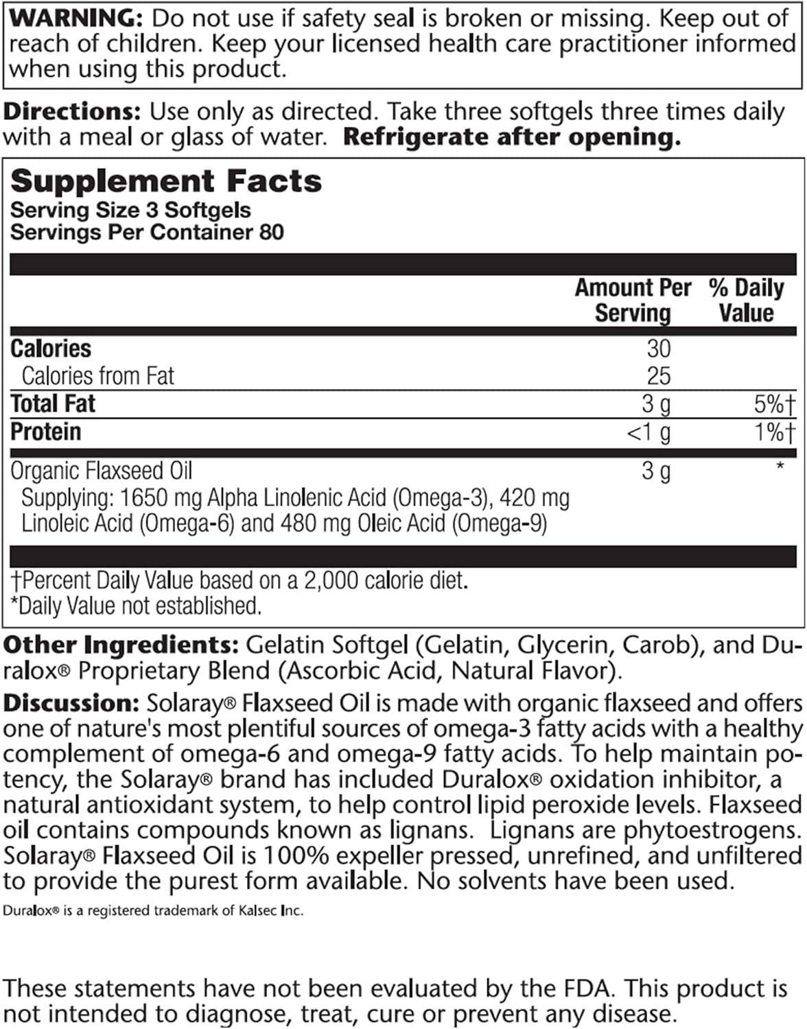 SOLARAY Flaxseed Oil, Softgel (Btl-Plastic) 1000mg 240ct