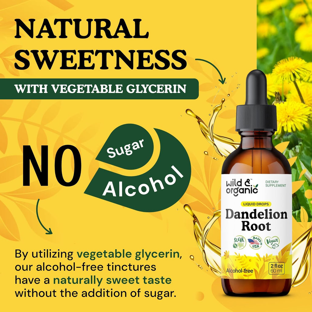 Wild & Organic Dandelion Root Supplement Drops - Liver Cleanse Support - Dandelion Root Tincture for Liver Detox - Vegan, Sugar & Alcohol-Free Liquid Extract - 2 fl oz