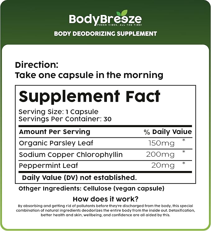 Internal Deodorant Supplement | Natural Chlorophyll 30 Capsules for Body Odor Control, Gut Health, and Fresh Breath | Vegan, Detox Support & Skin Health | Odor Eliminator for Men & Women