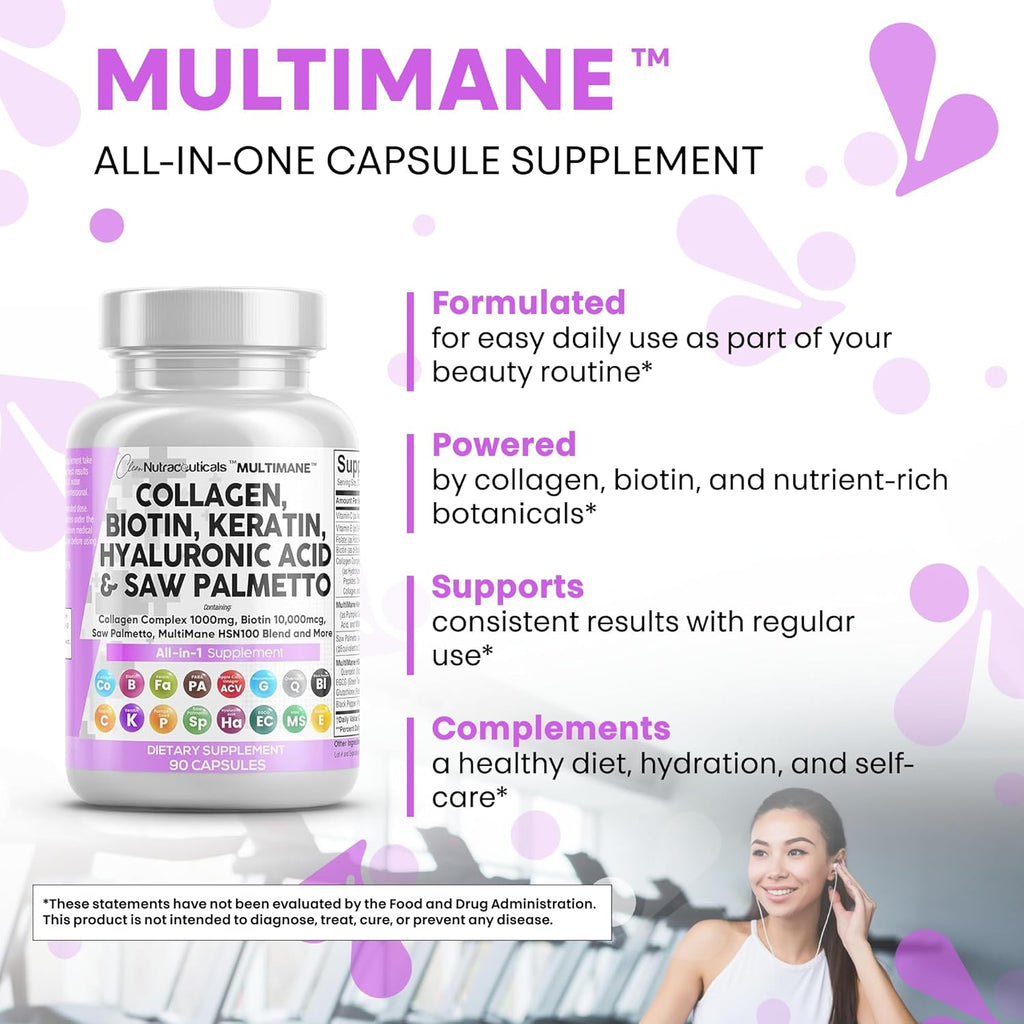 Clean Nutraceuticals Collagen Pills 1000mg Biotin 10000mcg Keratin Saw Palmetto Hyaluronic Acid - Hair Skin & Nails Vitamins & DHT Blocker (90 Count (Pack of 2))