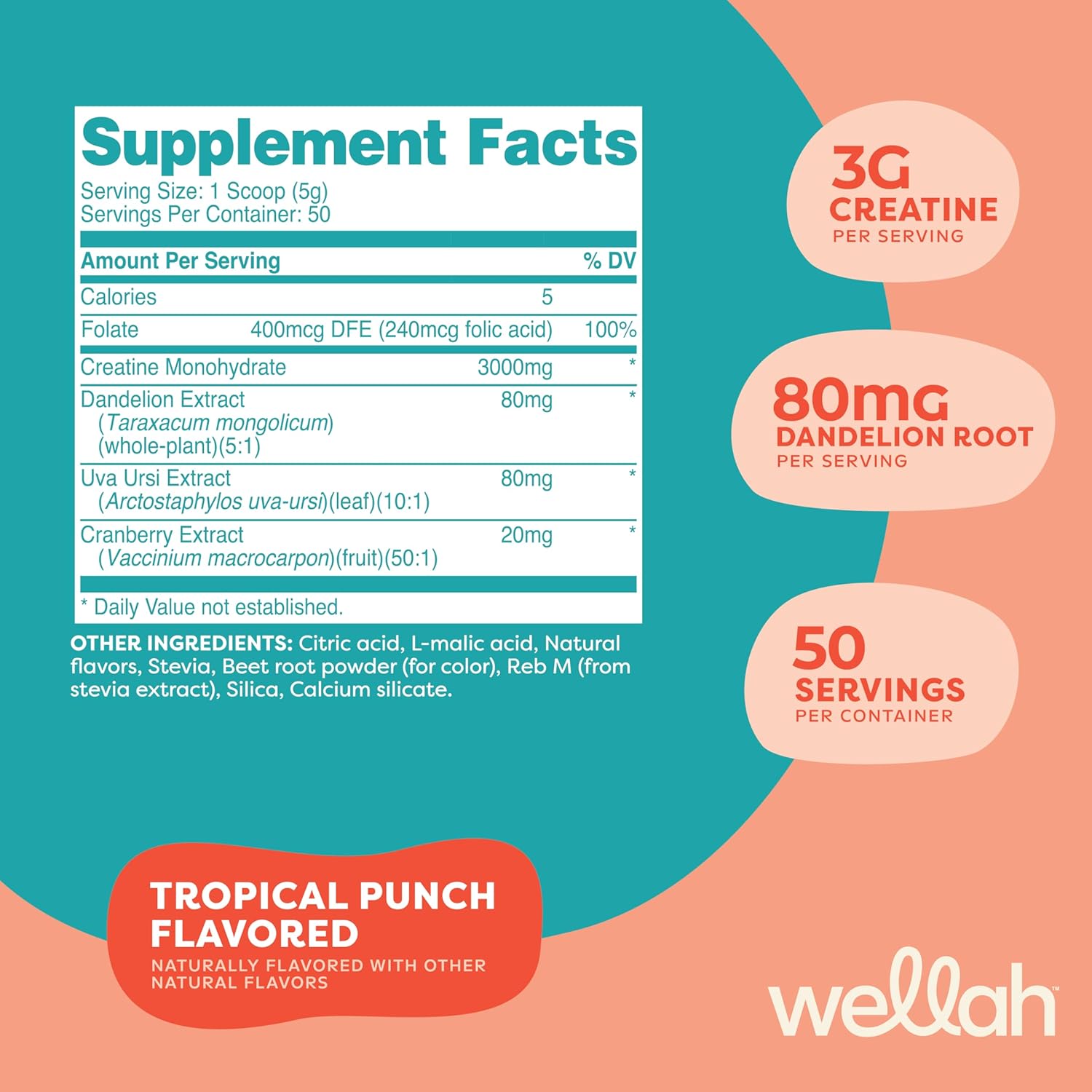 Wellah Creatine for Women - Creatine Monohydrate with Dandelion & Cranberry Extract (50 Servings, Tropical Punch)