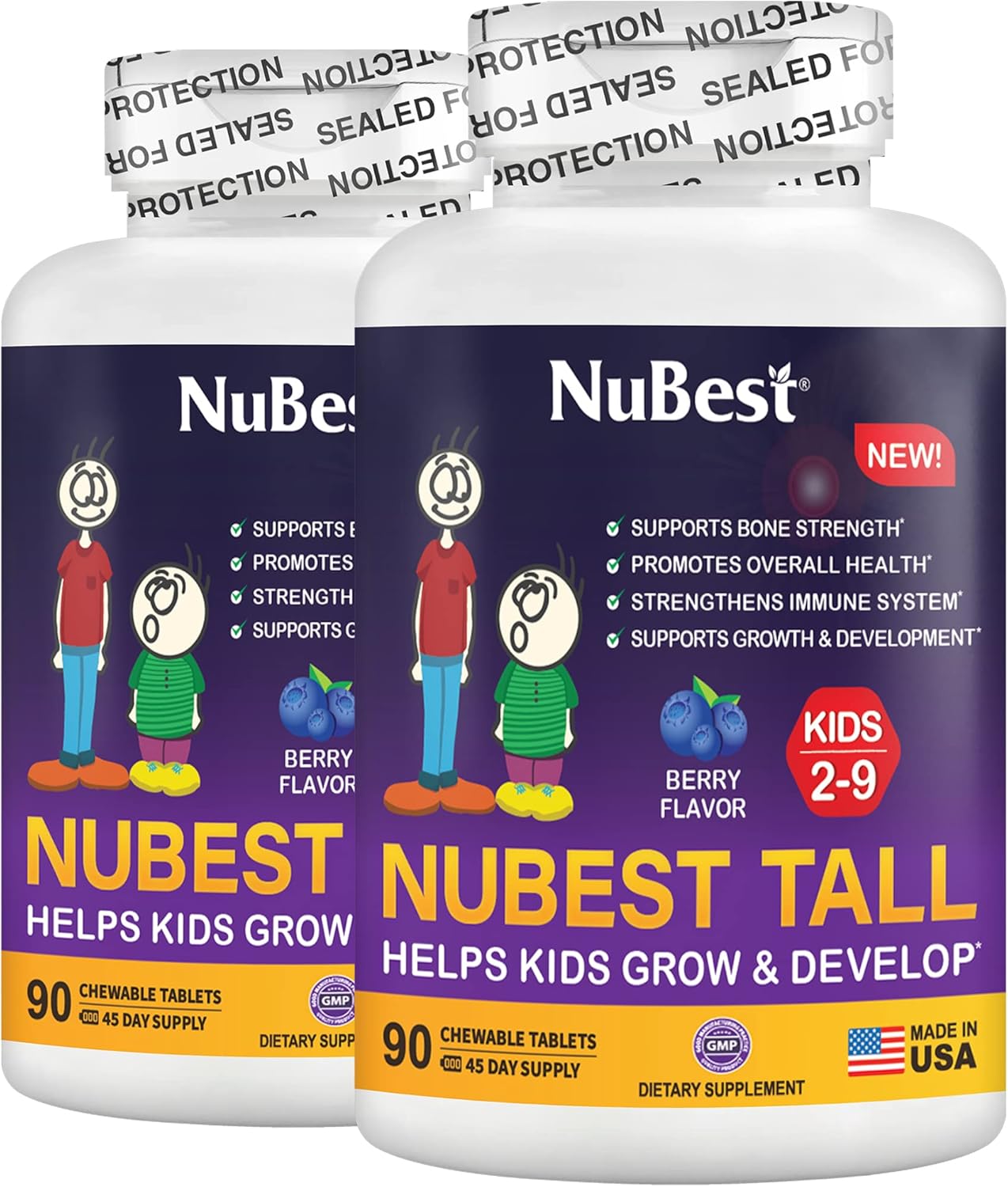 NuBest Tall Kids - Toddlers Vitamins and Kids Vitamins for Age 2 to 9 - Support Bone Strength, Overall Health and Immunity - Animal Shapes - 90 Chewable Berry Tablets | 2 Pack