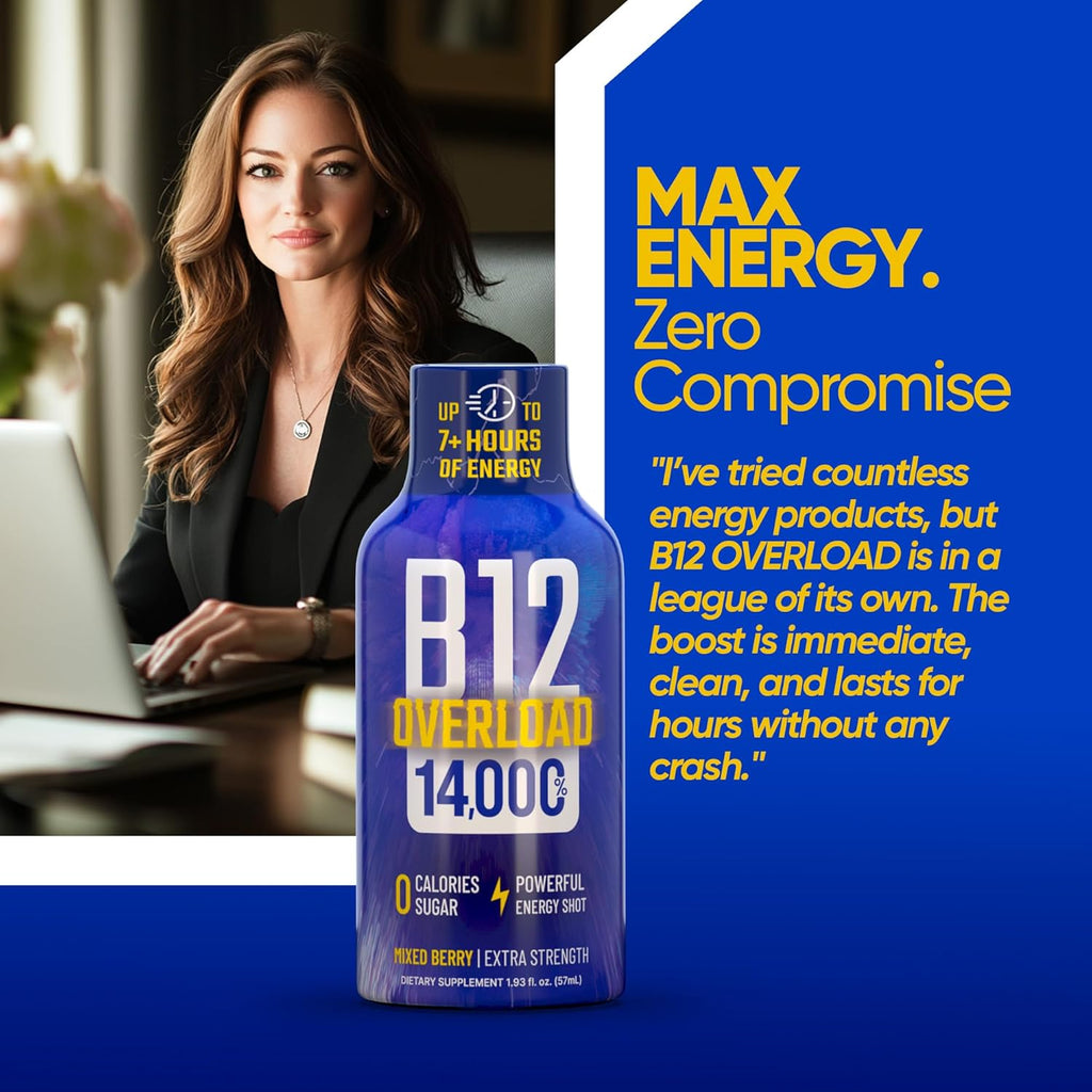 B12 Overload Extra Strength Energy Shot – Mixed Berry– 260mg Caffeine, 14000% B12, Electrolytes – Energy & Vitality Support – Zero Sugar No Calories – Vegan, Kosher, Gluten-Free – 1.93 fl oz, 24-Pack