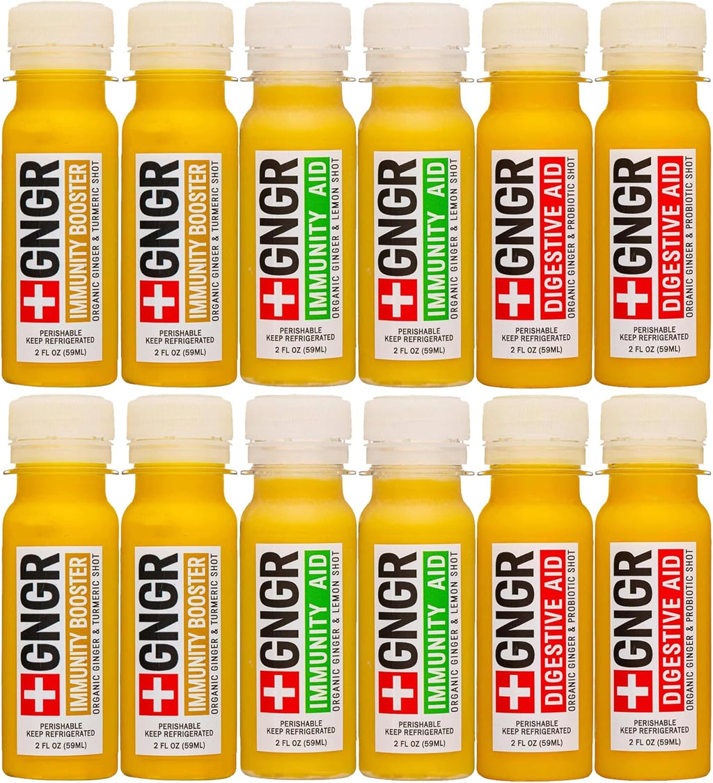 +GNGR Immunity Sampler Organic Ginger Wellness Shots - Premium Ginger Shots for All Natural Digestive Support and Immune Support - Cold Pressed Ginger Juice - Nothing Artificial (2 Oz, Pack of 12)