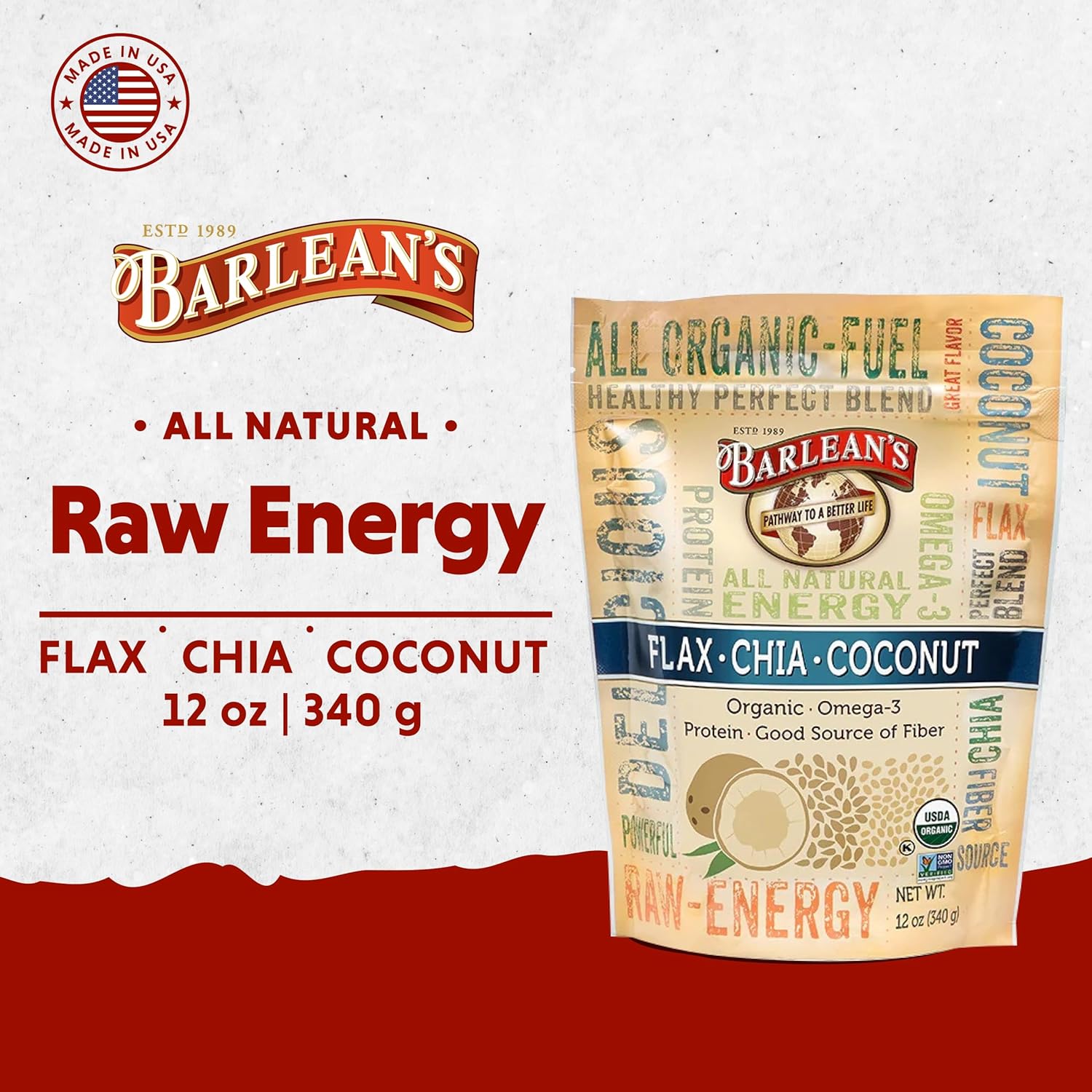 Barlean's Organic Flax Chia Coconut Seed Blend with 2,330 mg Omega 3 Fatty Acids, Fiber Supplement with Whole Chia Seeds and Ground Flaxseed, 12 oz