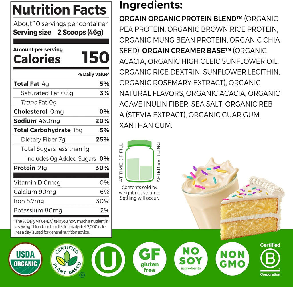 Orgain Organic Vegan Protein Powder, Birthday Cake - 21g Plant Based Protein, 7g Prebiotic Fiber, Low Net Carb, No Lactose Ingredients, No Added Sugar, Non-GMO, for Shakes & Smoothies, 1.02 lb