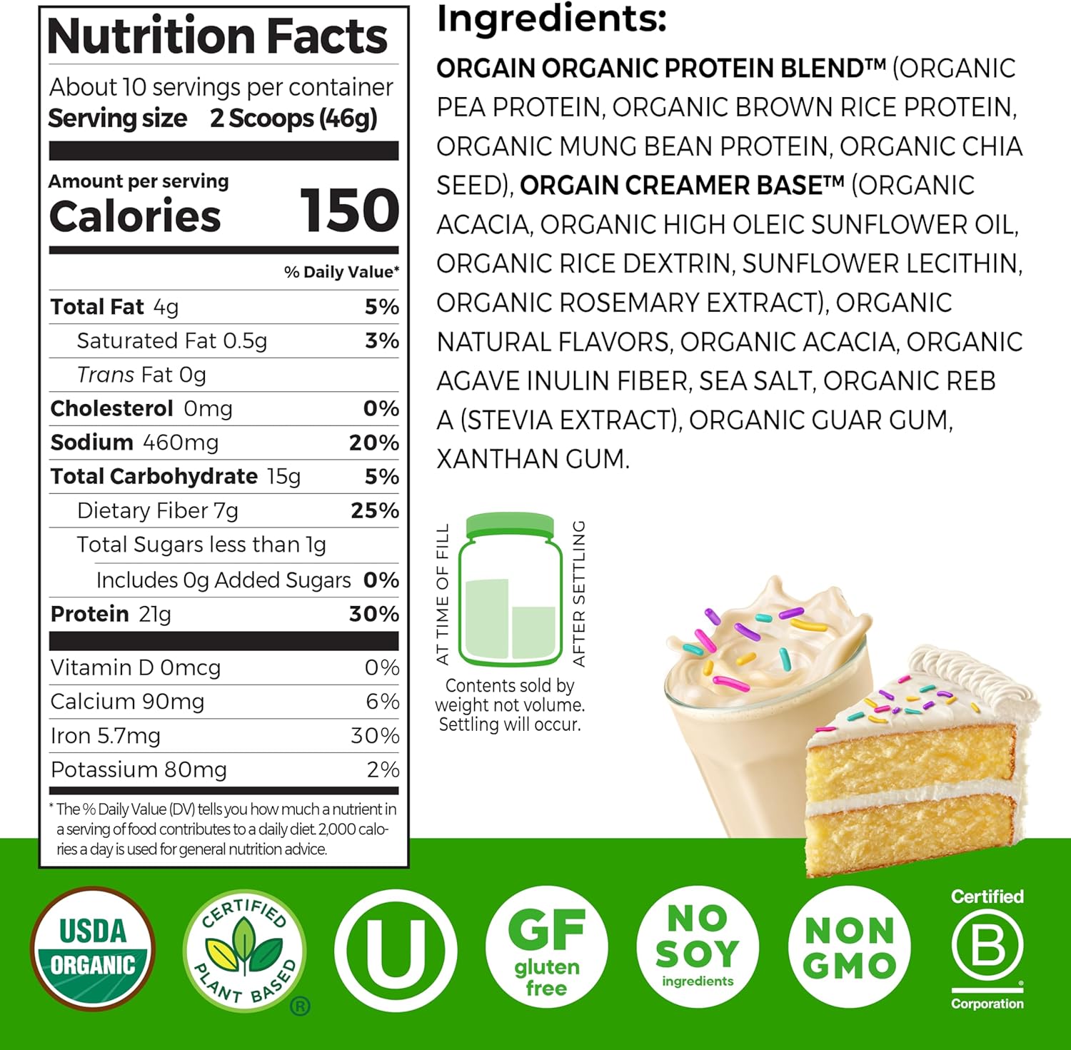 Orgain Organic Vegan Protein Powder, Birthday Cake - 21g Plant Based Protein, 7g Prebiotic Fiber, Low Net Carb, No Lactose Ingredients, No Added Sugar, Non-GMO, for Shakes & Smoothies, 1.02 lb