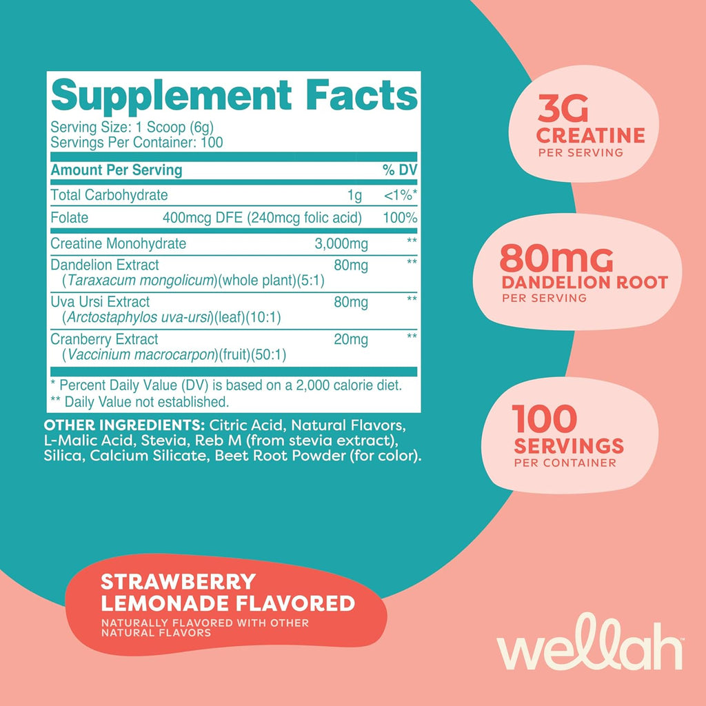 Wellah Creatine for Women - Creatine Monohydrate with Dandelion & Cranberry Extract (100 Servings, Strawberry Lemonade)
