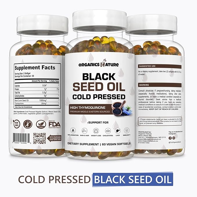 ORGANICS NATURE Dried Sea Moss Wildcrafted & Black Seed Oil Capsules | Raw Gluten-Free, for Lung Detox, Immune System Support Softgels, for Hair, Skin, Heart, Nigella Sativa, Cold Pressed Cumin Seed.
