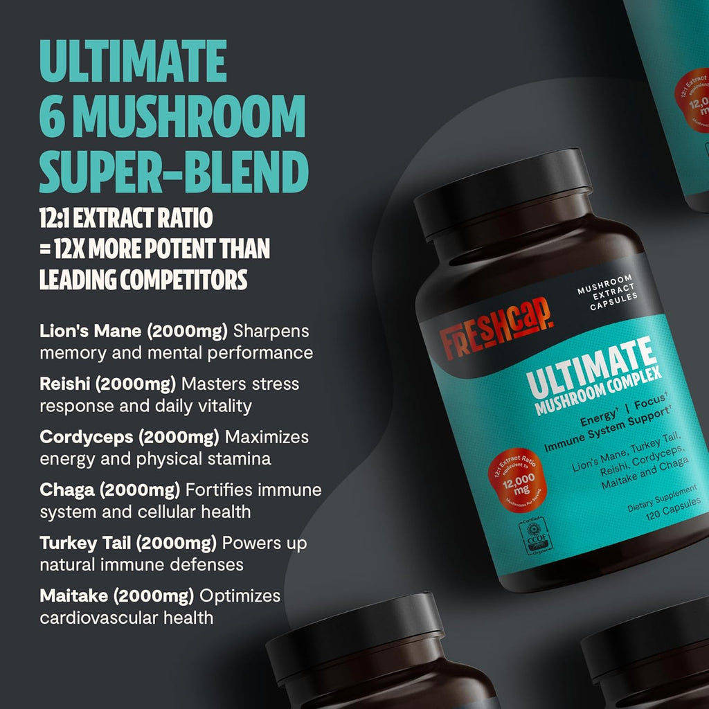 FreshCap Mushrooms Ultimate Mushroom Supplement 12,000mg - Nootropic Mushroom Complex Capsules, Organic Supplement, Brain Supplements for Memory and Focus Ayurveda (120 Capsules)