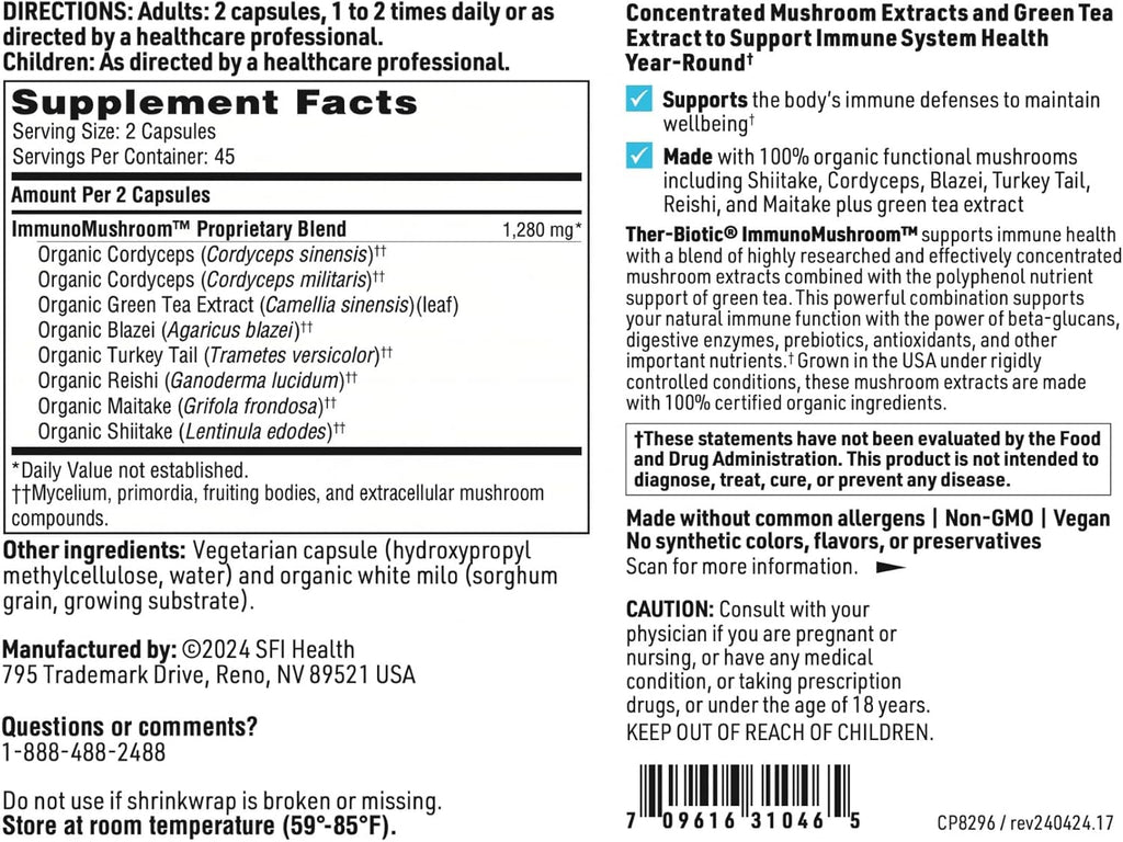 Klaire Labs SFI Health Immunomax - Mushroom Immune Support Formula with Cordyceps, Turkey Tail, Reishi & Green Tea Extract (90 Capsules)