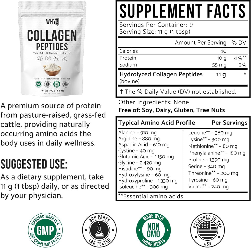 Bovine Collagen Peptides Powder Hydrolyzed Type I & III Protein, Grass-Fed Pasture-Raised Source, Unflavored Collagen Supplement Paleo-Friendly for Active Lifestyles & Wellness Non-GMO, 100g