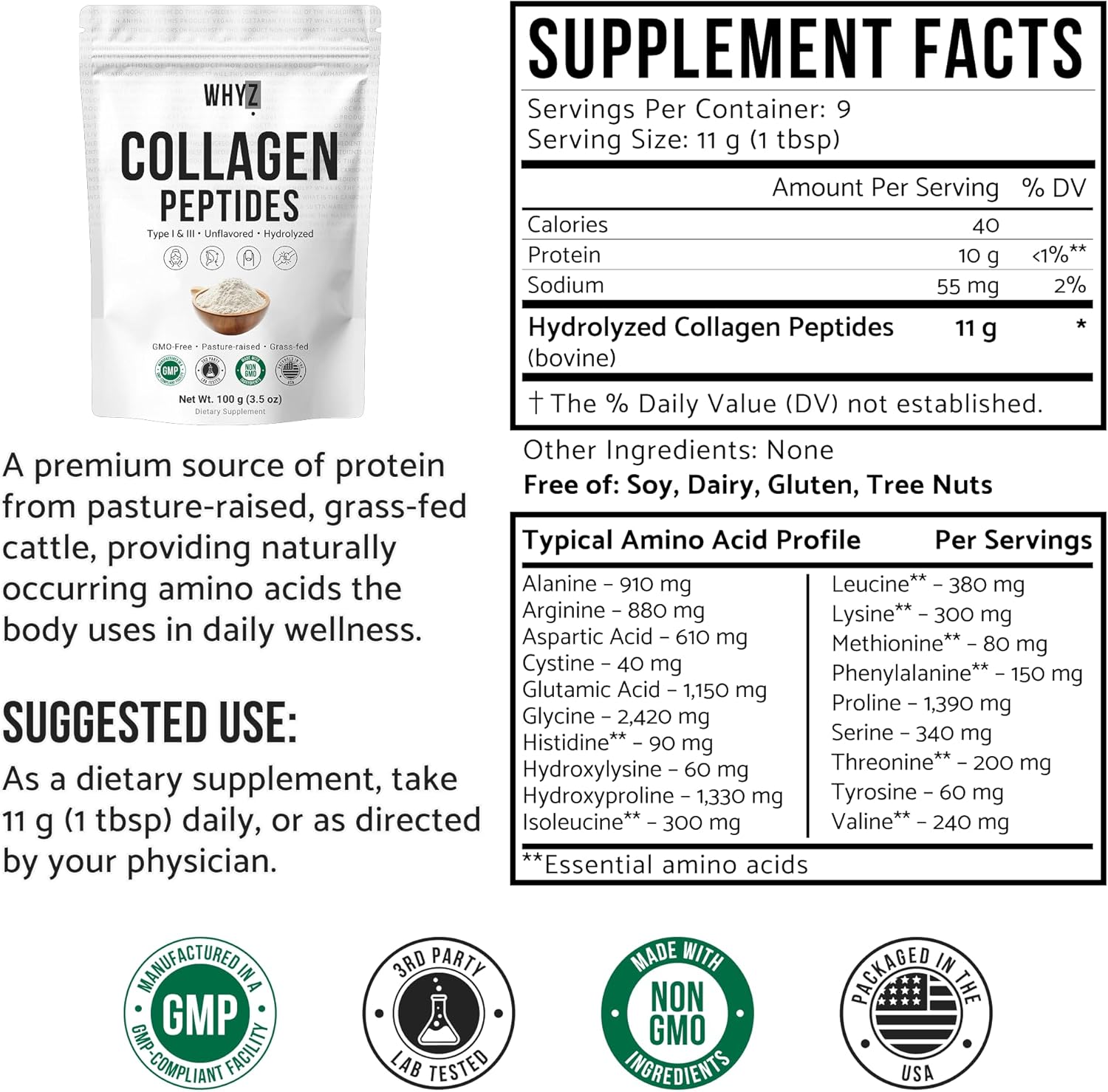 Bovine Collagen Peptides Powder Hydrolyzed Type I & III Protein, Grass-Fed Pasture-Raised Source, Unflavored Collagen Supplement Paleo-Friendly for Active Lifestyles & Wellness Non-GMO, 100g