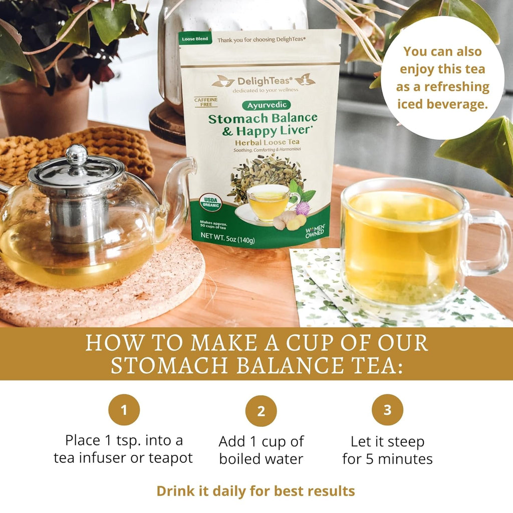 DelighTeas Stomach & Liver Tea | Ayurvedic Herbal Blend for Digestion | Organic Milk Thistle, Fennel, Ginger, Peppermint & Licorice | Vegan, Caffeine-Free, Sugar-Free | Loose Leaf, 50 Servings, 5oz