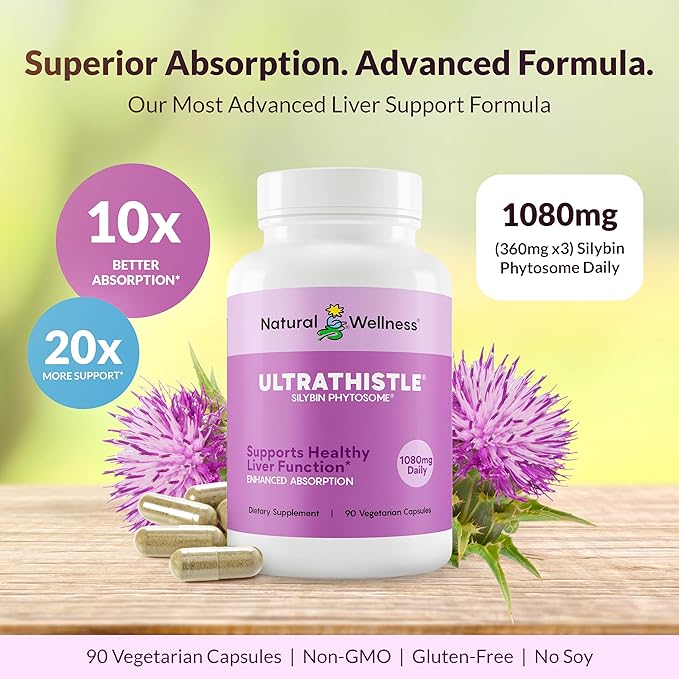 UltraThistle Advanced Milk Thistle Liver Support – 1080mg Silybin Phytosome Patented Formula – Herbal Liver Cleanse & Detox – No Soy, Gluten Free, Non-GMO – 90 Capsules (30-Day Supply)