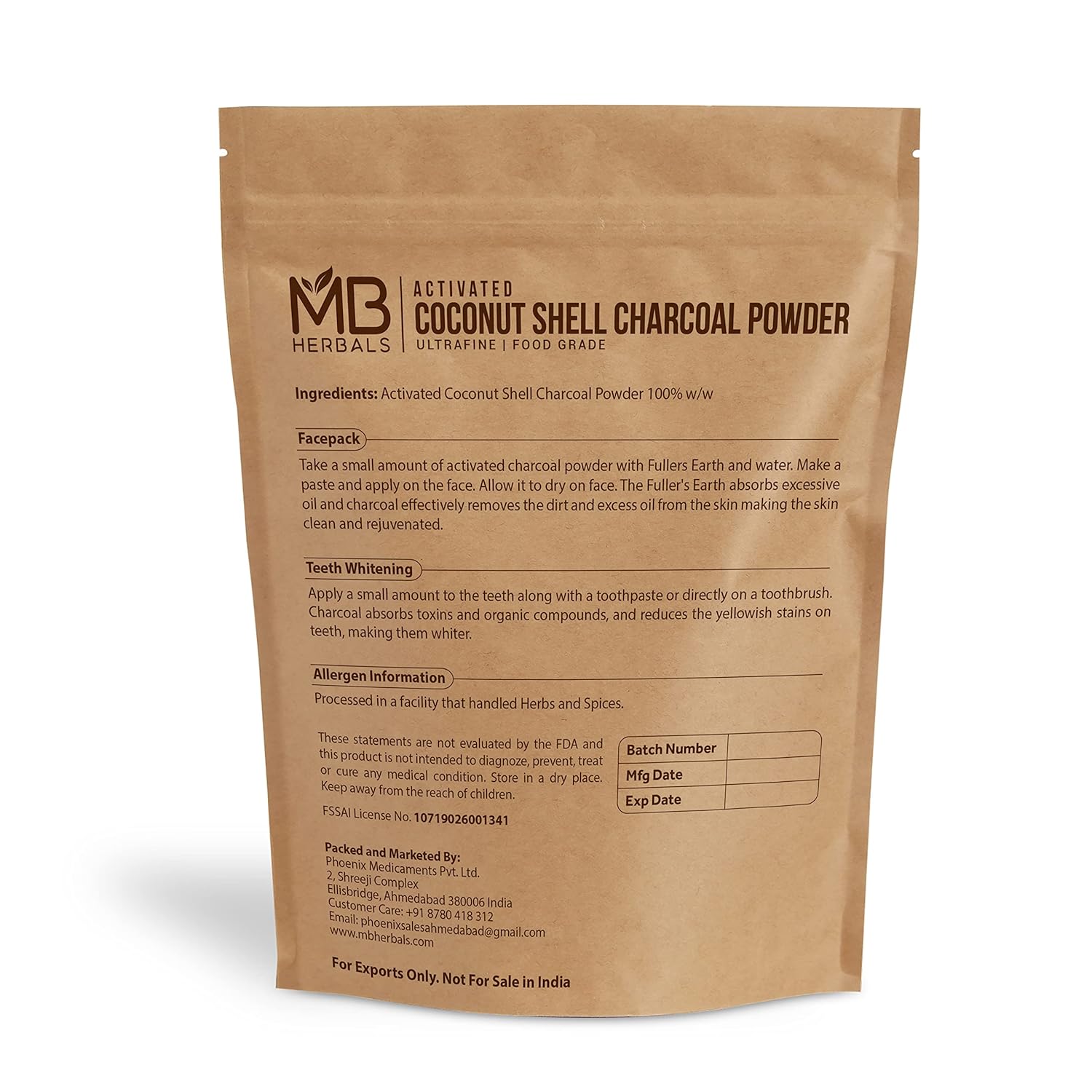 MB Herbals Activated Charcoal Powder from Coconut Shell 8 oz (227 Gram / 0.5 LB) | For EXTERNAL USE ONLY | Face Packs and Masks| Soap Making | ToothPowder