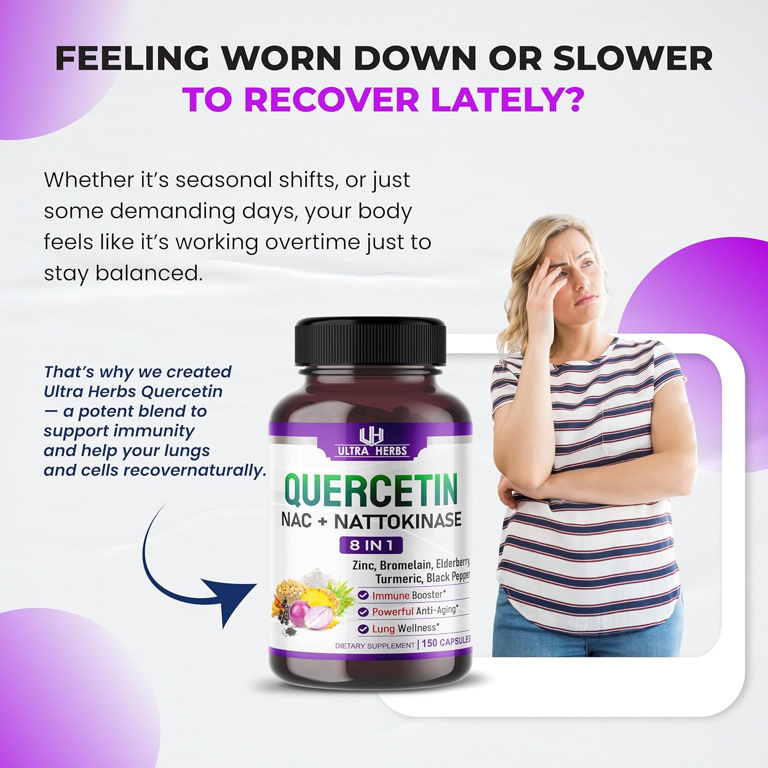 Quercetin Supplement with Bromelain, Vitamin C and Zinc, Nattokinase, NAC, Elderberry, Elderberry | 8 in 1 Ultra Antioxidant Complex for Immune Health | 150 Capsules