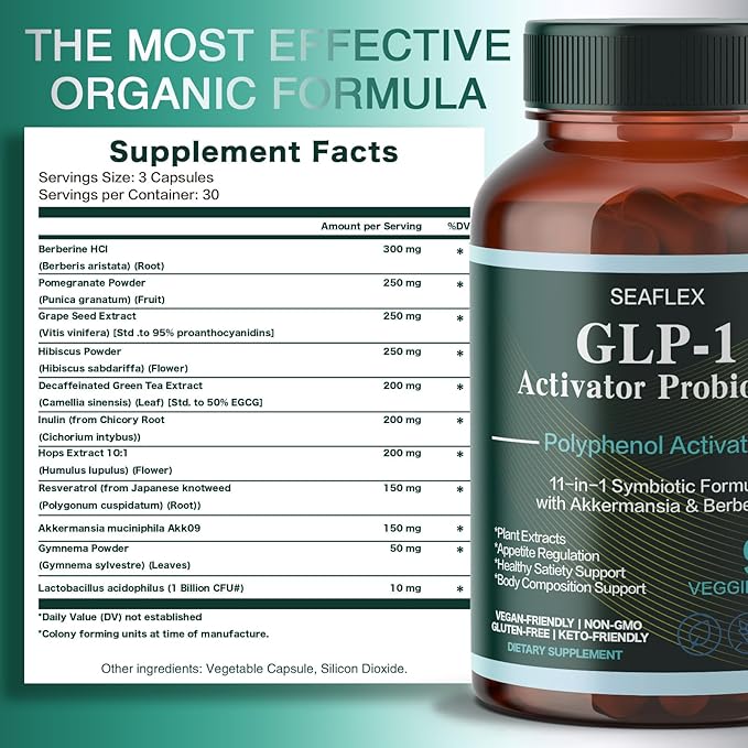 GLP-1 Supplement for Healthy Weight Goals & Hunger Balance for Men and Women with Akkermansia, Berberine, Inulin, Resveratrol, Hops... -Supports Digestion,Gut Health（90 Count）