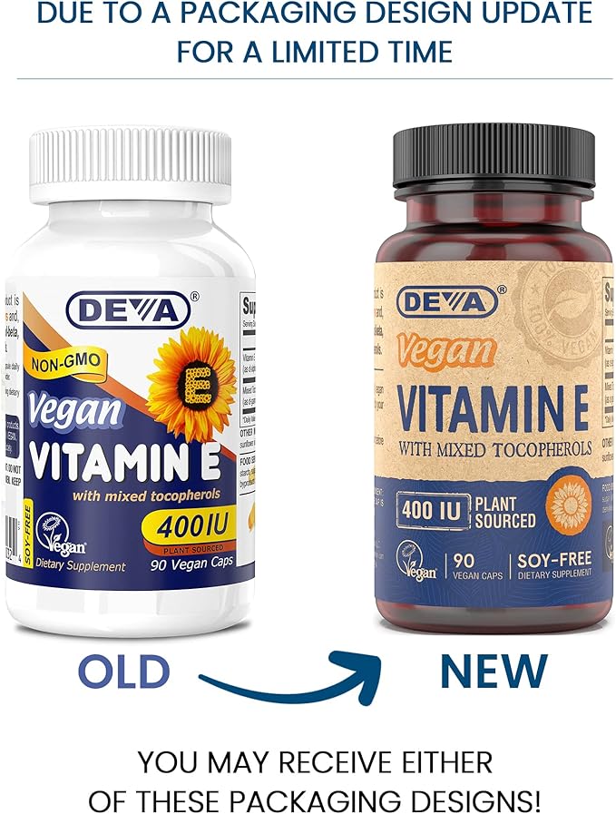 DEVA Vegan Vitamins Natural Vitamin E 400IU with Mixed Tocopherols, Supports Immune System & Skin Nutrition, Natural Antioxidant & Gluten Free, Dairy Free, Non-GMO, 90 Capsules