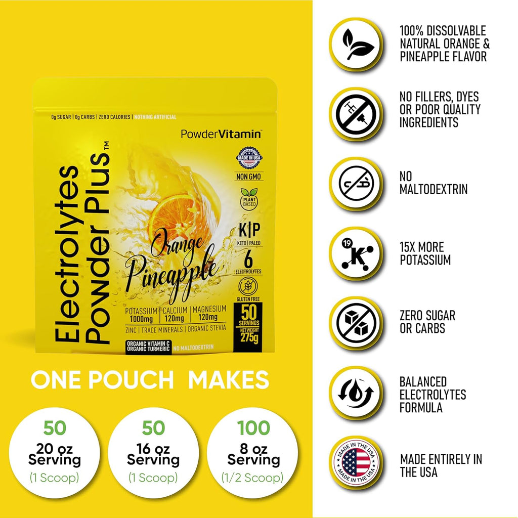 Electrolytes Powder Plus (50 Servings), 0 Calorie Keto, 0 Sugar, No Maltodextrin,1000mg Potassium,120mg Calcium,120mg Magnesium, Hydration Powder (50 Servings, Orange Pineapple)