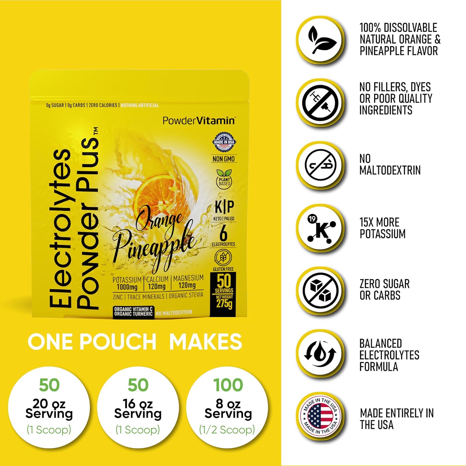 Electrolytes Powder Plus (50 Servings), 0 Calorie Keto, 0 Sugar, No Maltodextrin,1000mg Potassium,120mg Calcium,120mg Magnesium, Hydration Powder (50 Servings, Orange Pineapple)