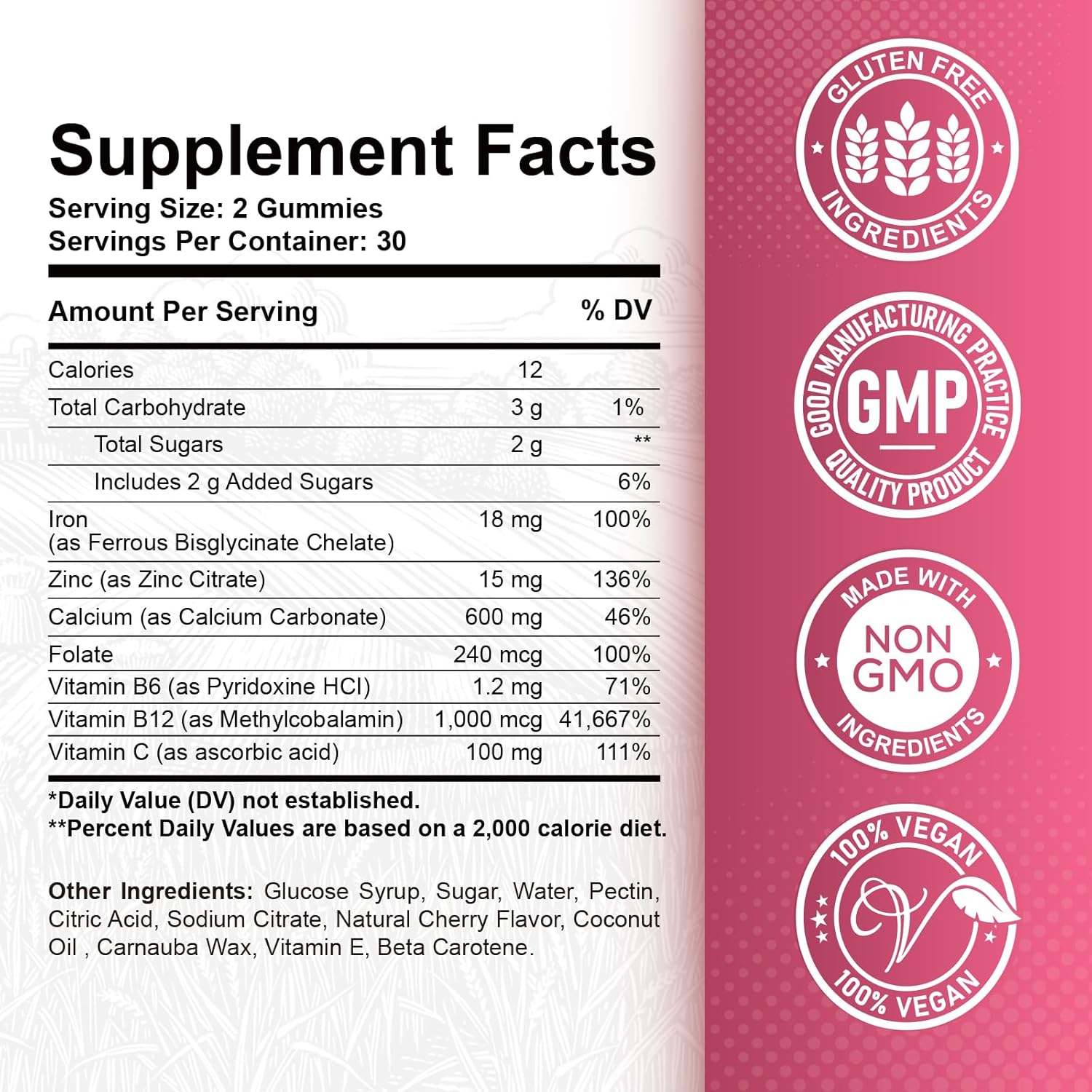 Iron Gummies with Zinc, Calcium, Vitamin C, B6 & B12 | Iron Supplement for Women, Men & Kids | Supports Anemia & Deficiency, Blood Builder & Cell Formation | Chewable Cherry Flavor | 60 Gummies
