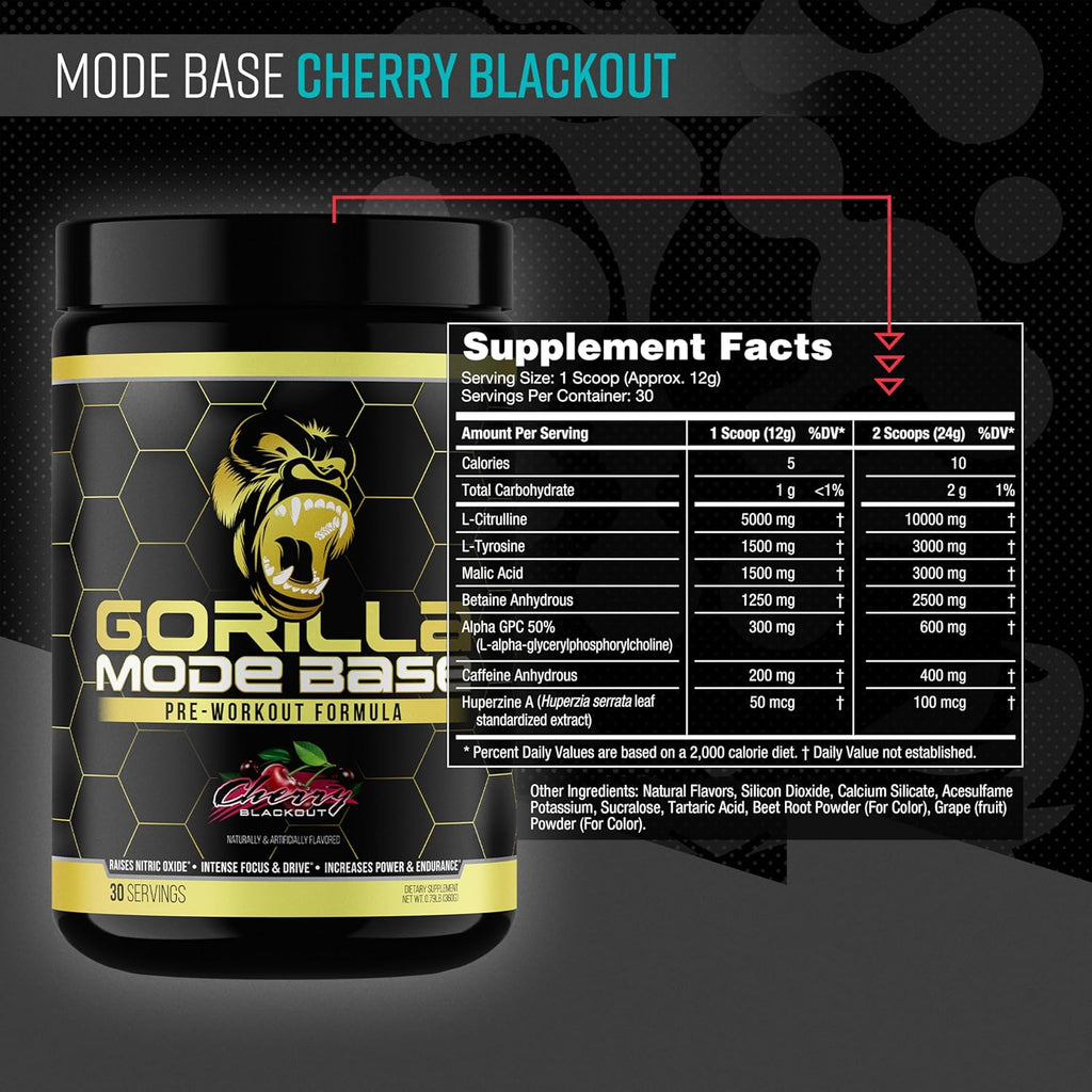 Gorilla Mind Base Pre Workout - Raises Nitric Oxide Intense Focus & Drive Endurance Power - L-Citrulline, L-Tyrosine, Betaine, Alpha-GPC, Caffeine, Huperzine A - 360 Grams (Cherry Blackout)