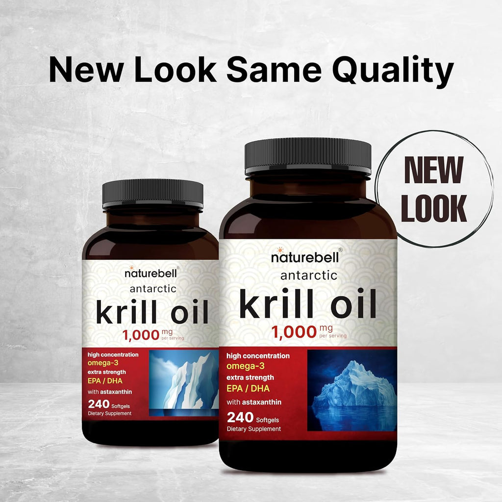 NatureBell Antarctic Krill Oil 1000mg Supplement, 240 Softgels, Natural Source of Omega-3s, EPA, DHA and Astaxanthin - No Aftertaste - Support Heart Health, Mercury Free & Non-GMO