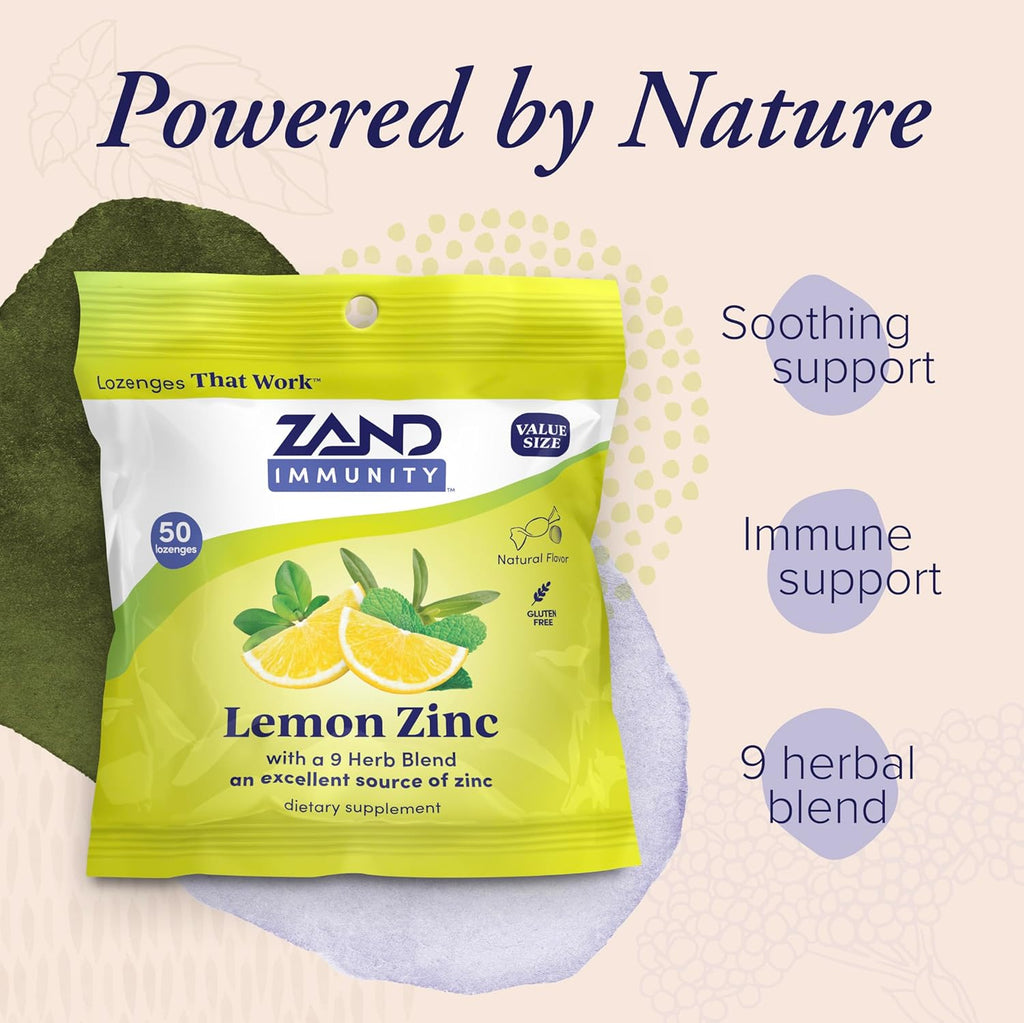 ZAND Immunity Lemon Zinc Throat Lozenges 2 Pack - Good-for-You Dry Mouth Lozenges, Immune Support Supplement w/Zinc 5mg, Eucalyptus, Mullein, Soothe a Dry Throat, Natural Flavor, Gluten Free, 50ct ea
