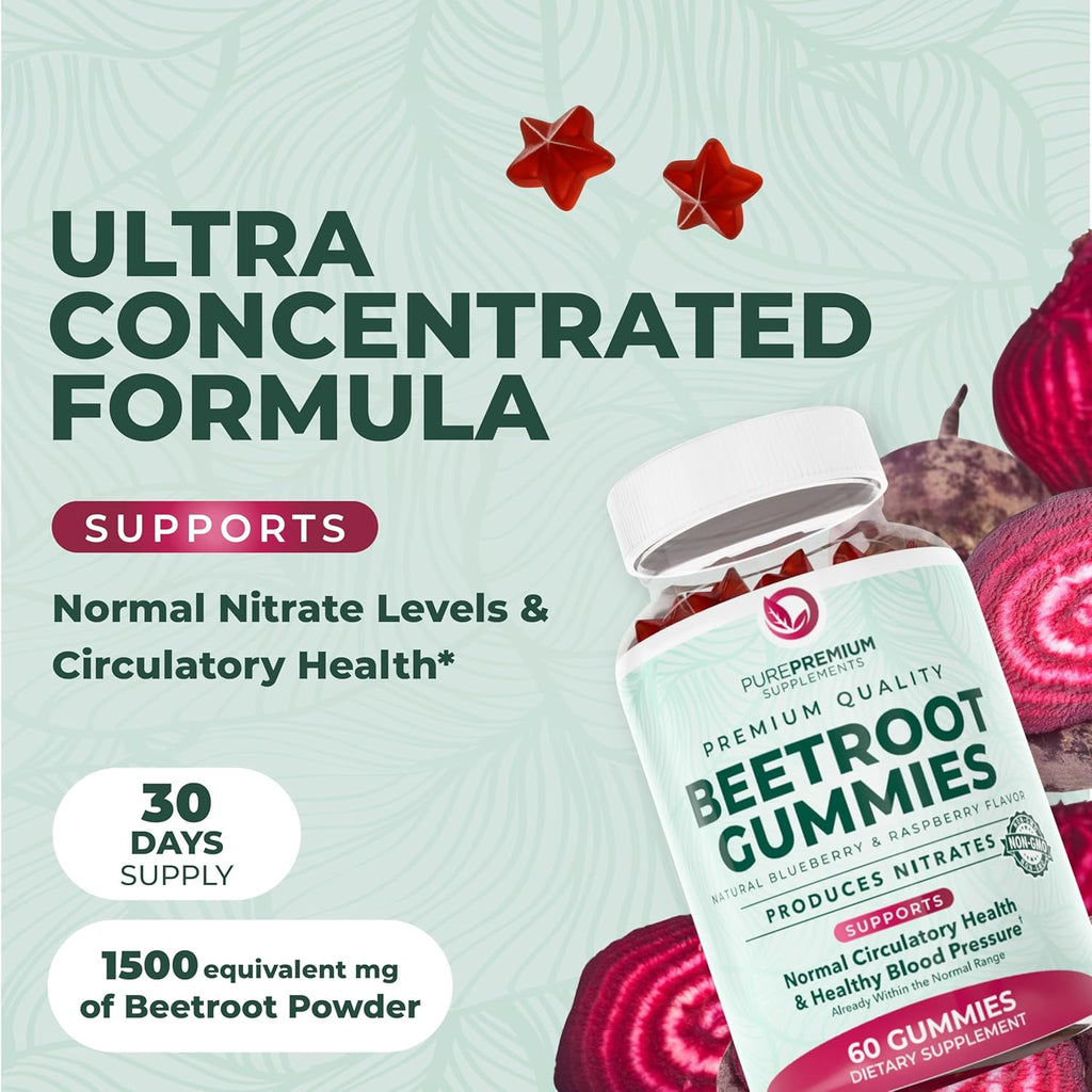 PurePremium Beet Root Gummies - 60 Sugar Free Chews (50:1 Equivalent 1500 mg) - Super Nitric Oxide Beetroot Gummies | Natural Blueberry Flavor - Supplements for Normal Blood Pressure