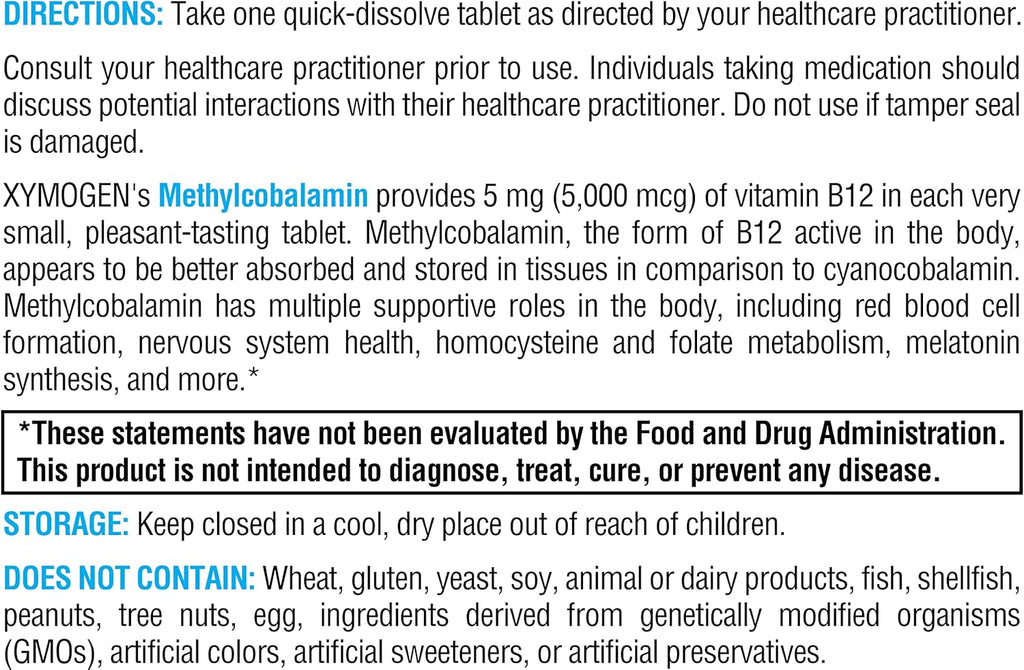 XYMOGEN Methylcobalamin 5,000 mcg - Vitamin B12 Supplement in Small, Pleasant-Tasting Tablets - Supports Healthy Methylation, Neurological Health, a Healthy Immune System (60 Tablets)