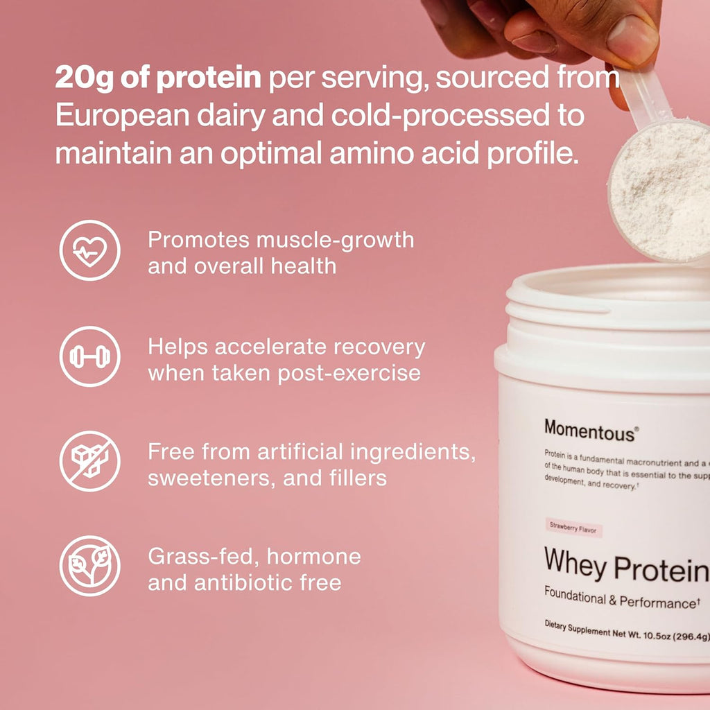 Momentous Essential Grass-Fed Whey Protein Powder - 20 g Whey Isolate Protein - NSF Certified for Sport - Gluten-Free - 12 Servings for Essential Everyday Use - Strawberry - Package May Vary