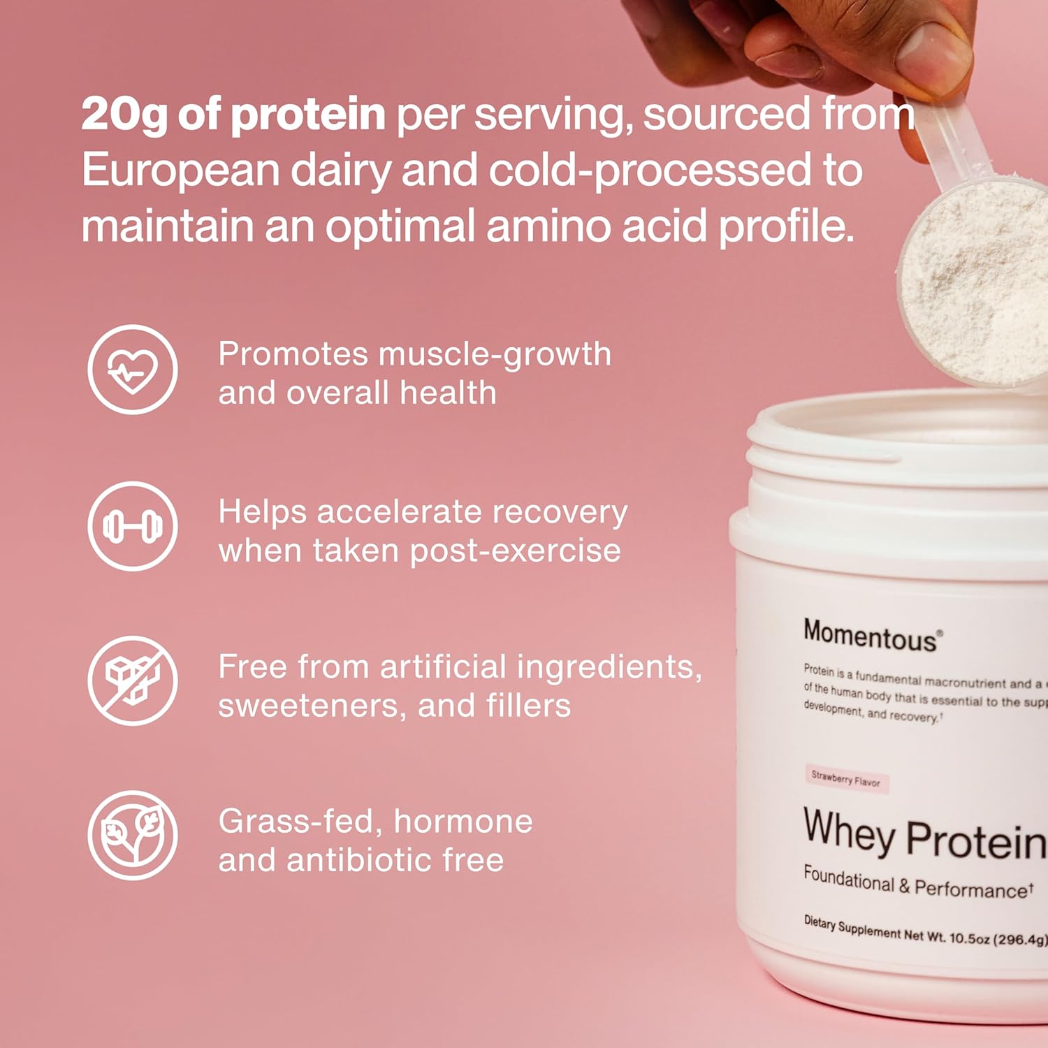 Momentous Essential Grass-Fed Whey Protein Powder - 20 g Whey Isolate Protein - NSF Certified for Sport - Gluten-Free - 12 Servings for Essential Everyday Use - Strawberry - Package May Vary