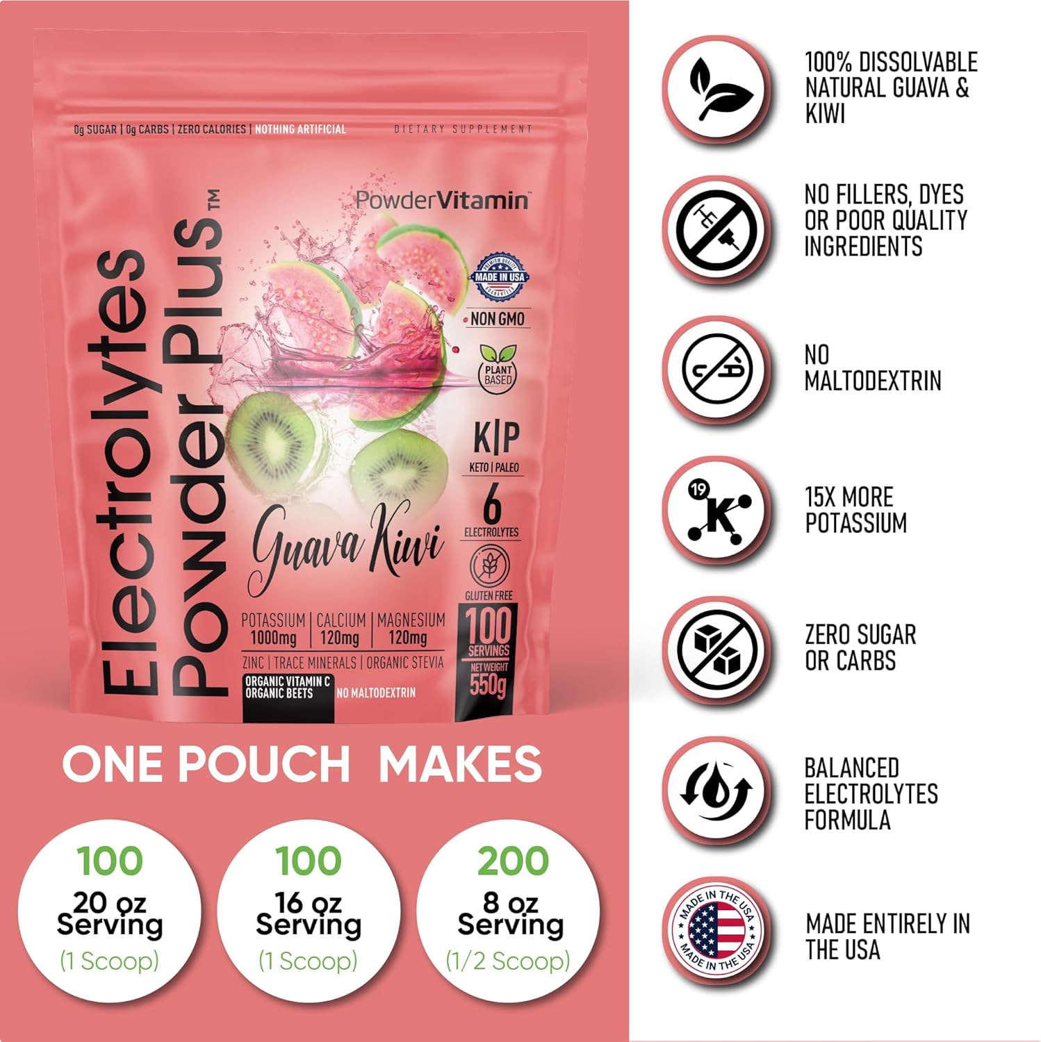 PowderVitamin Electrolytes Powder Plus (100 Servings) Guava Kiwi Electrolyte Powder, Zero Calorie, Keto, 0 Sugar, No Maltodextrin, 1000mg Potassium, 120mg Calcium, 120mg Magnesium, Hydration Powder
