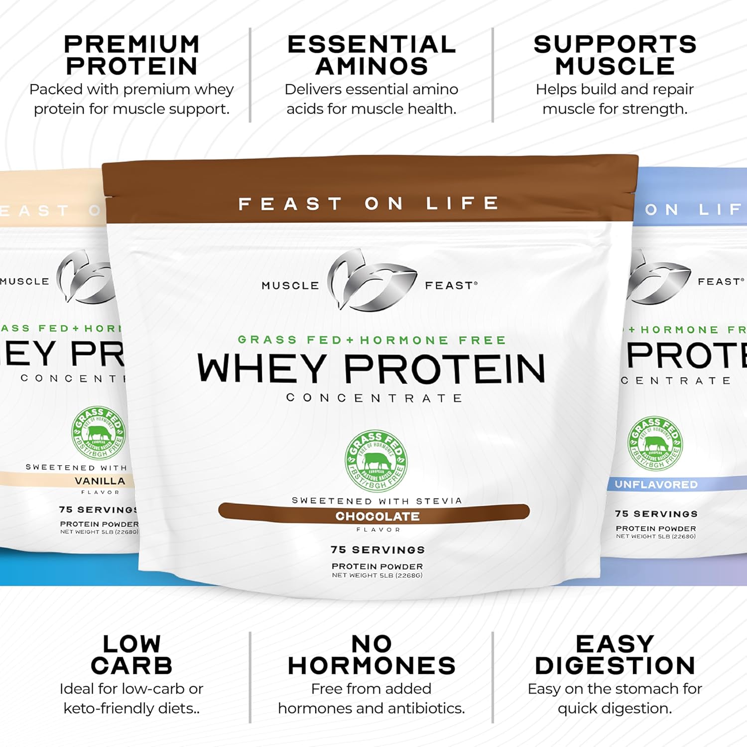 Muscle Feast Grass-Fed Whey Protein Concentrate Powder, All Natural, Hormone Free Pasture Raised Whey Protein Powder for Women & Men, Clean, Non-GMO & Gluten Free Whey Concentrate - Vanilla, 2lb