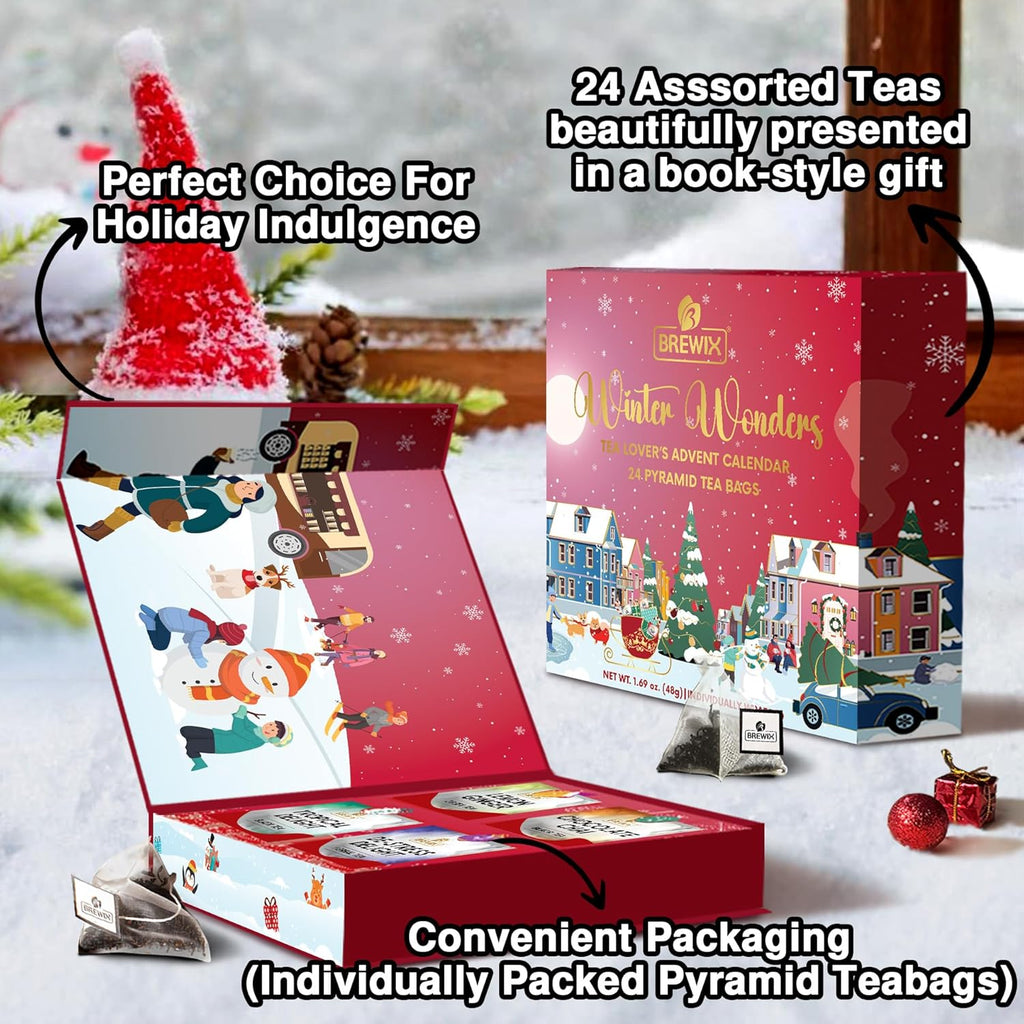 BREWIX, 2025 Advent Calendar Tea Bags | 24 Delightful Black & Green Tea Infusions in Pyramid Tea Bags - Holiday Gift Box | Christmas Gift Idea for Tea Lovers, Countdown Set | Holiday Variety Sampler for Tea Lovers
