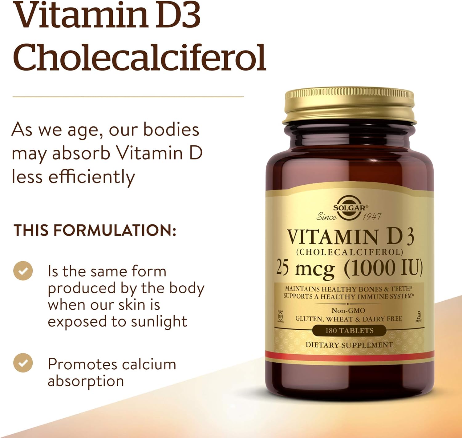 Solgar Vitamin D3 (Cholecalciferol) 25 mcg (1000 IU) – 180 Tablets - Helps Maintain Healthy Bones & Teeth - Immune System Support - Non-GMO, Gluten Free, Dairy Free, Kosher - 180 Servings