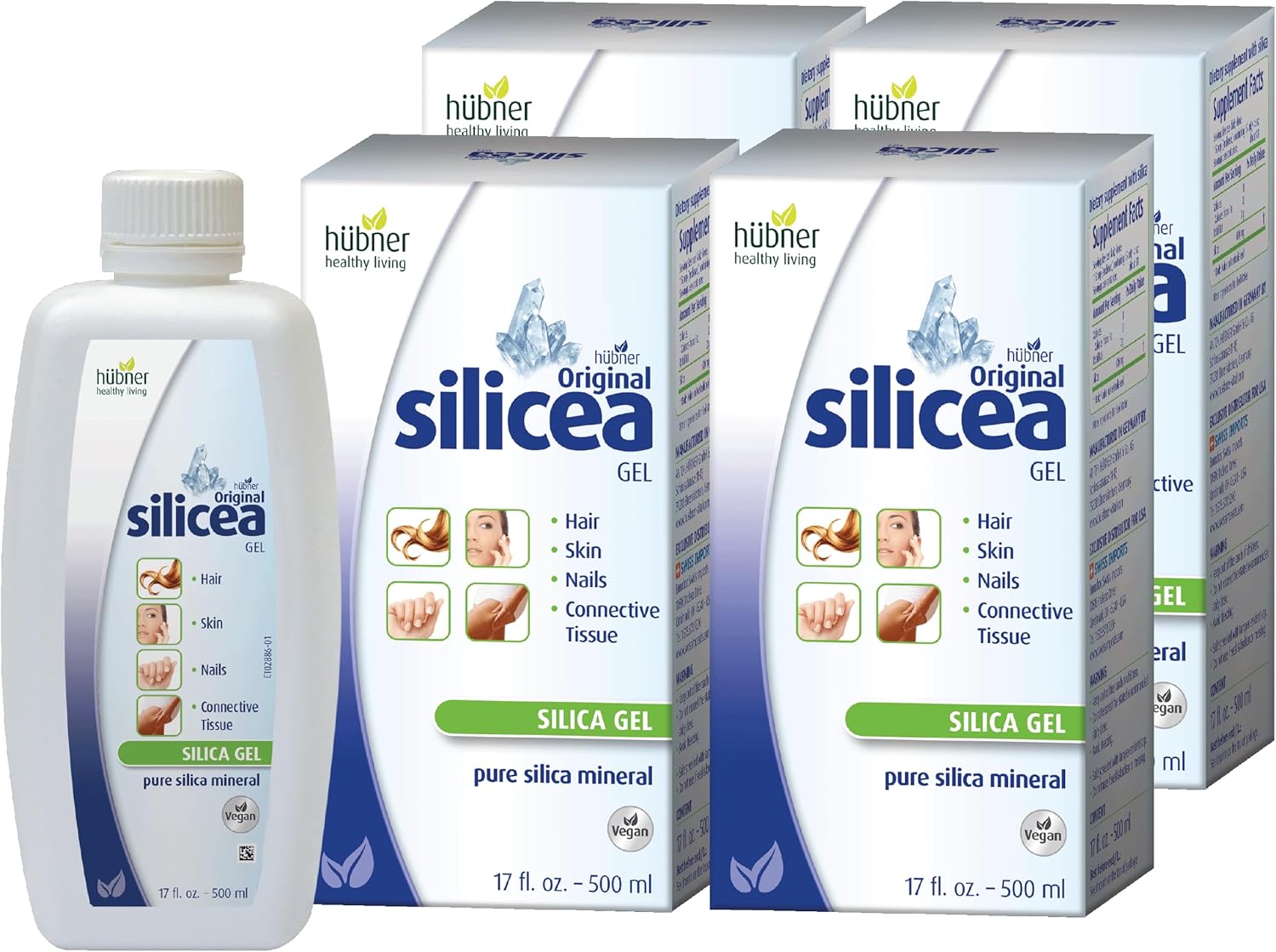 Hübner Original Silicea Gel 17 fl oz / 500 ml, 4 Pack, for Hair, Skin, Nails, and Connective Tissue, Pure Colloidal Silica Gel Formula, No Additives or Preservatives