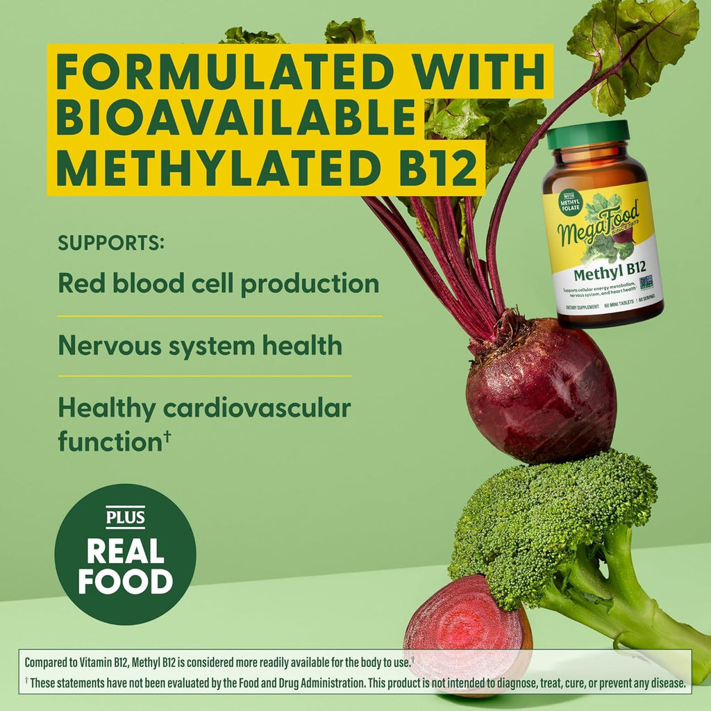 MegaFood Methyl B12 - Vegan - Includes Methyl Folate, Vitamin B12 & B6 - Supports Cellular Energy Production, Nervous System Health & Cardiovascular Function - 60 Tablets