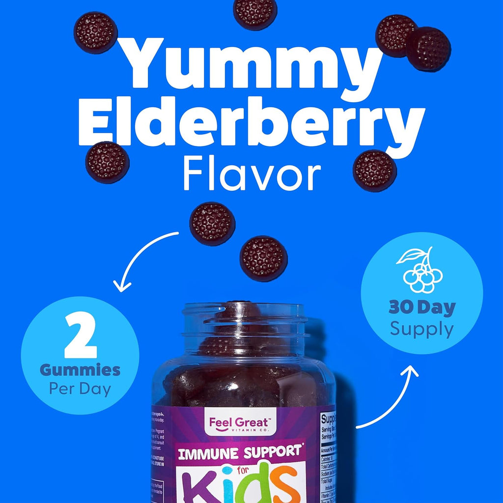 Feel Great Immune Support for Kids | Vitamin C Zinc & Elderberry Gummies | Sambucus Nigra Immunity Multivitamin | Vegetarian | 60 Day Supply