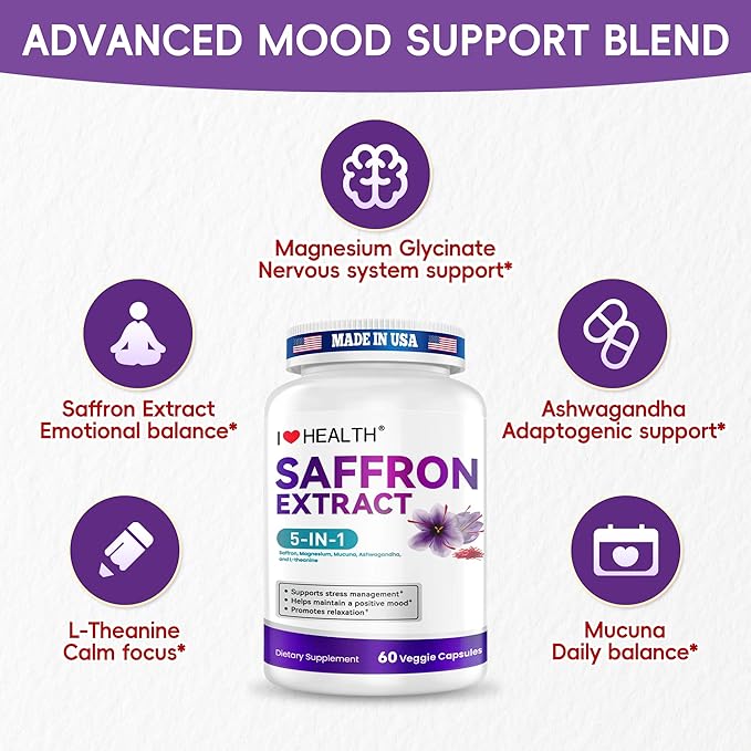 Saffron Mood Support Supplement – 0.3% Safranal with Ashwagandha & L-Theanine for Stress Relief, Calm Mood & Emotional Balance – Made in USA – 60 Capsules
