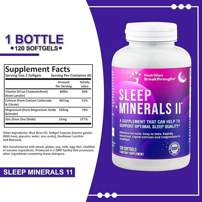 Nutrition Breakthroughs Sleep Minerals II - Sleep Supplement, Magnesium Sleep Aids for Adults & Good for All Ages, Sleep Well Without Melatonin, with Calcium, Vitamin D & Zinc, 120 Softgels