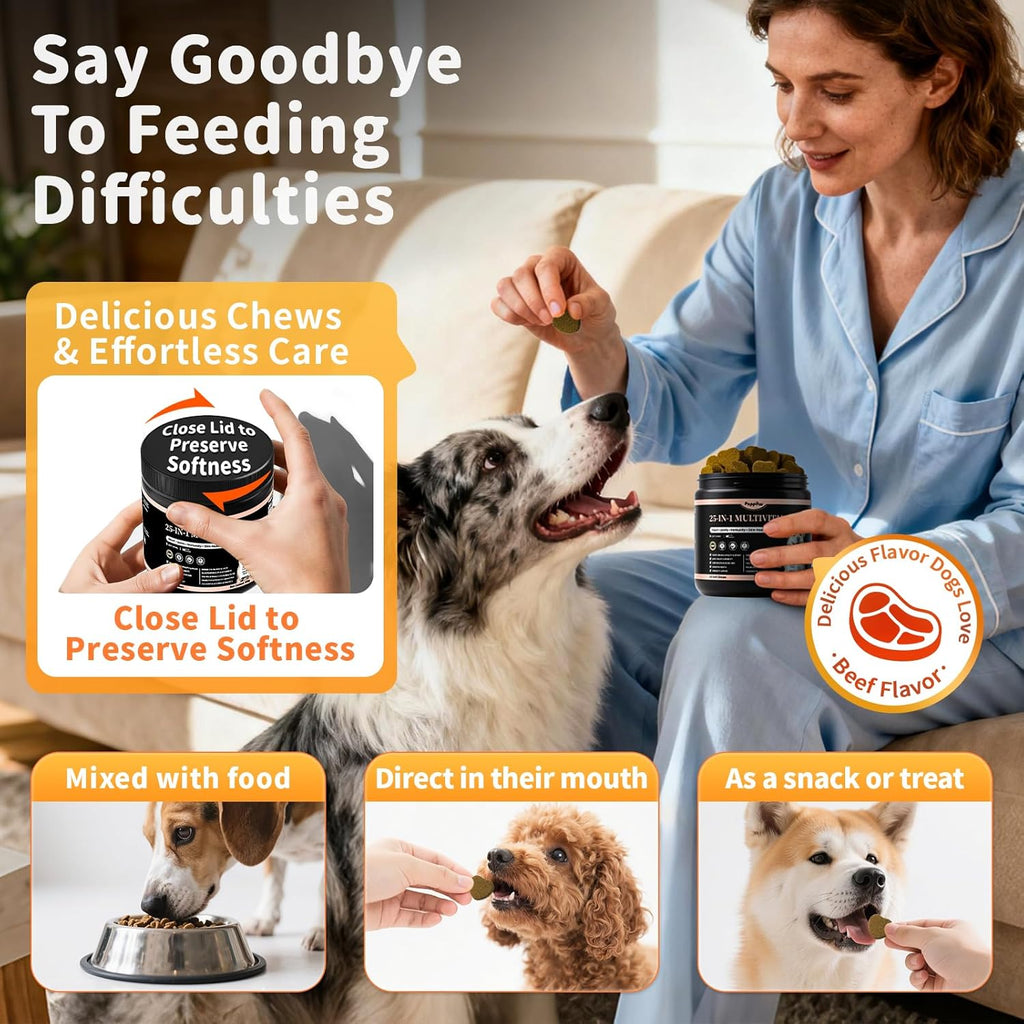25-in-1 Dog Multivitamin Chews – All-in-One Daily Vitamins & Supplements for Dogs, Joint Support with Glucosamine MSM, Omega-3 Skin & Coat, Gut, Heart & Brain, All Breeds & Ages, Chicken, 60 Ct