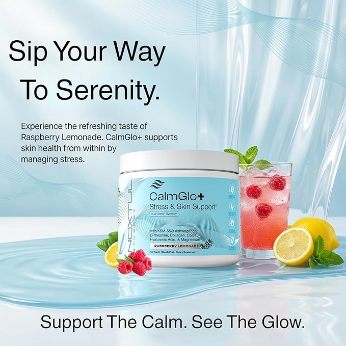 CalmGlo+ Stress & Skin Support Supplement Drink - Cortisol Reducer with Ashwagandha KSM-66, L-Theanine, Magnesium & Collagen Peptides - Adrenal Health & Mood Support - Raspberry Lemonade, 30 Servings