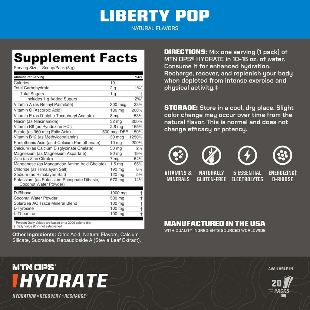 MTN OPS Hydrate Electrolytes Powder Drink Mix, 20 Single Serving On-The-Go Electrolyte Packs with Over 1000mg of Electrolytes per Serving, Liberty Pop