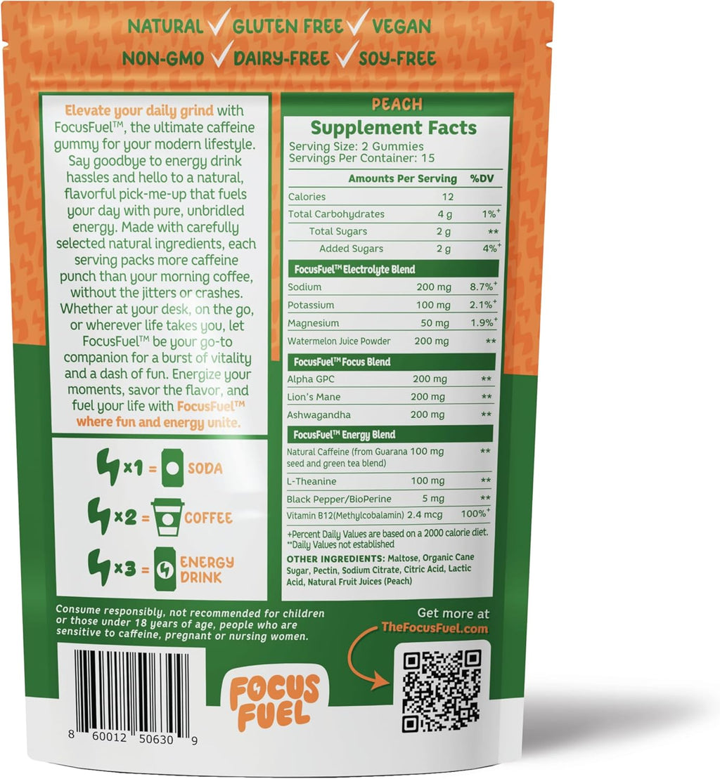 Energy Chews – Peach Flavor (15 Servings) – 100mg Caffeine + Alpha GPC+ L-Theanine + B12, Magnesium – Smooth Focus & Energy – No Crash or Jitters