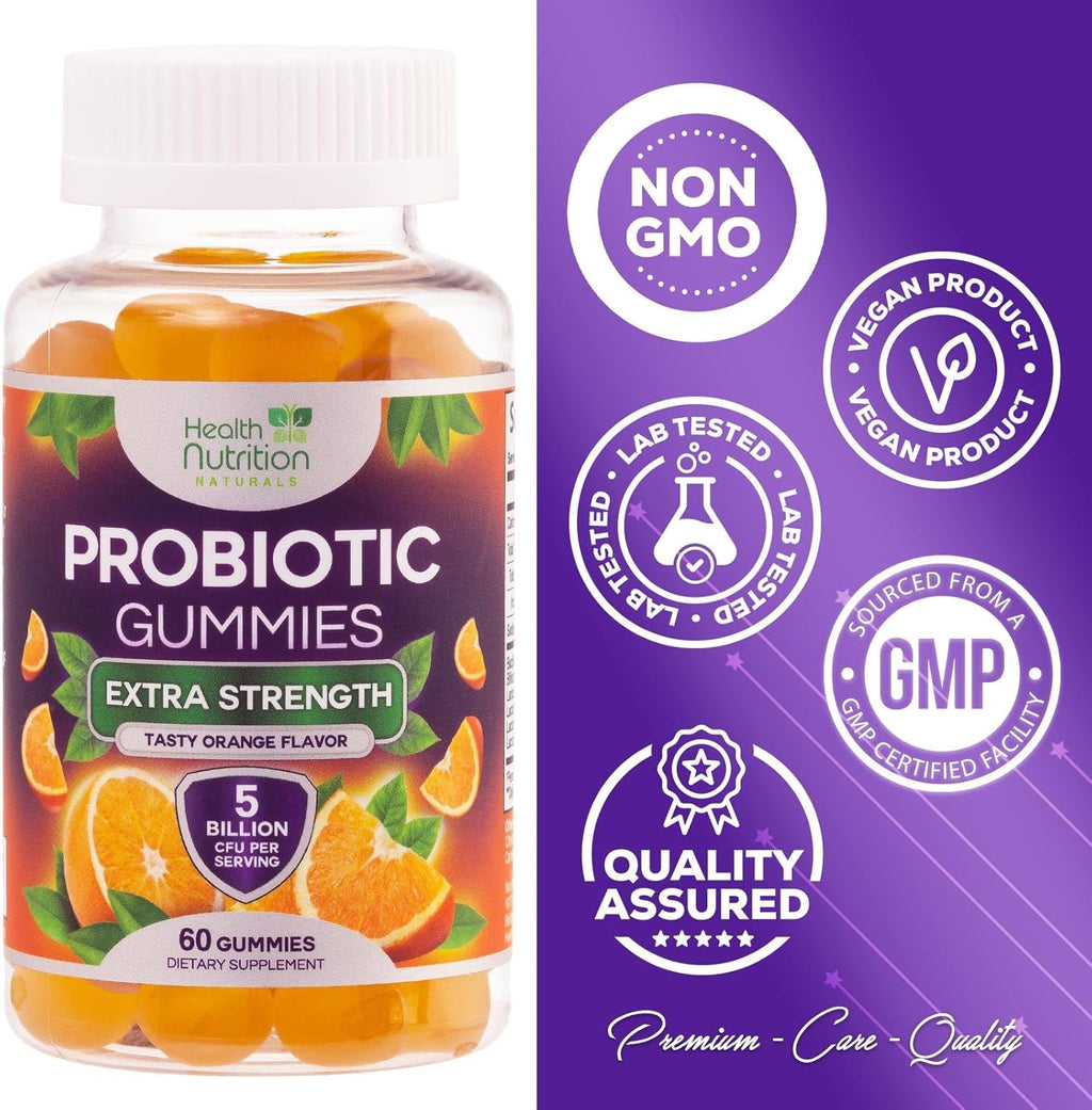 Probiotic Gummies 5 Billion CFU - Diverse Probiotic Strains for Digestive Health & Gut Support Gummy for Women, Men, & Kids, Daily Probiotics Supplement for Immune Support, Non-GMO, Vegan, 60 Gummies