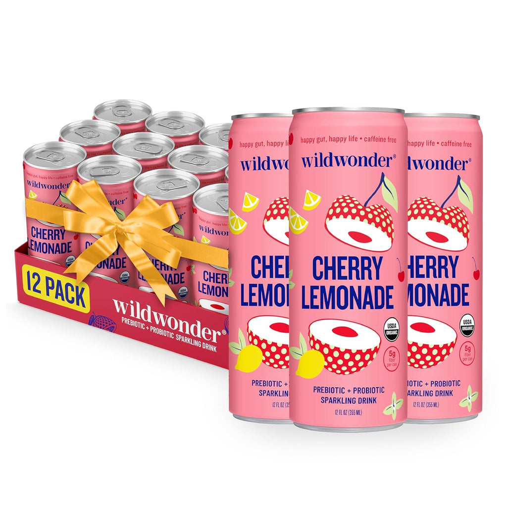 NEW! wildwonder Sparkling Probiotic Drink 12pk, For Gut Health & Immune Support, Cherry Lemonade, 5g Prebiotic Fiber, Live Probiotics, Organic, Vegan, Low Sugar, 12 Pack, 12oz Can, Seen on Shark Tank