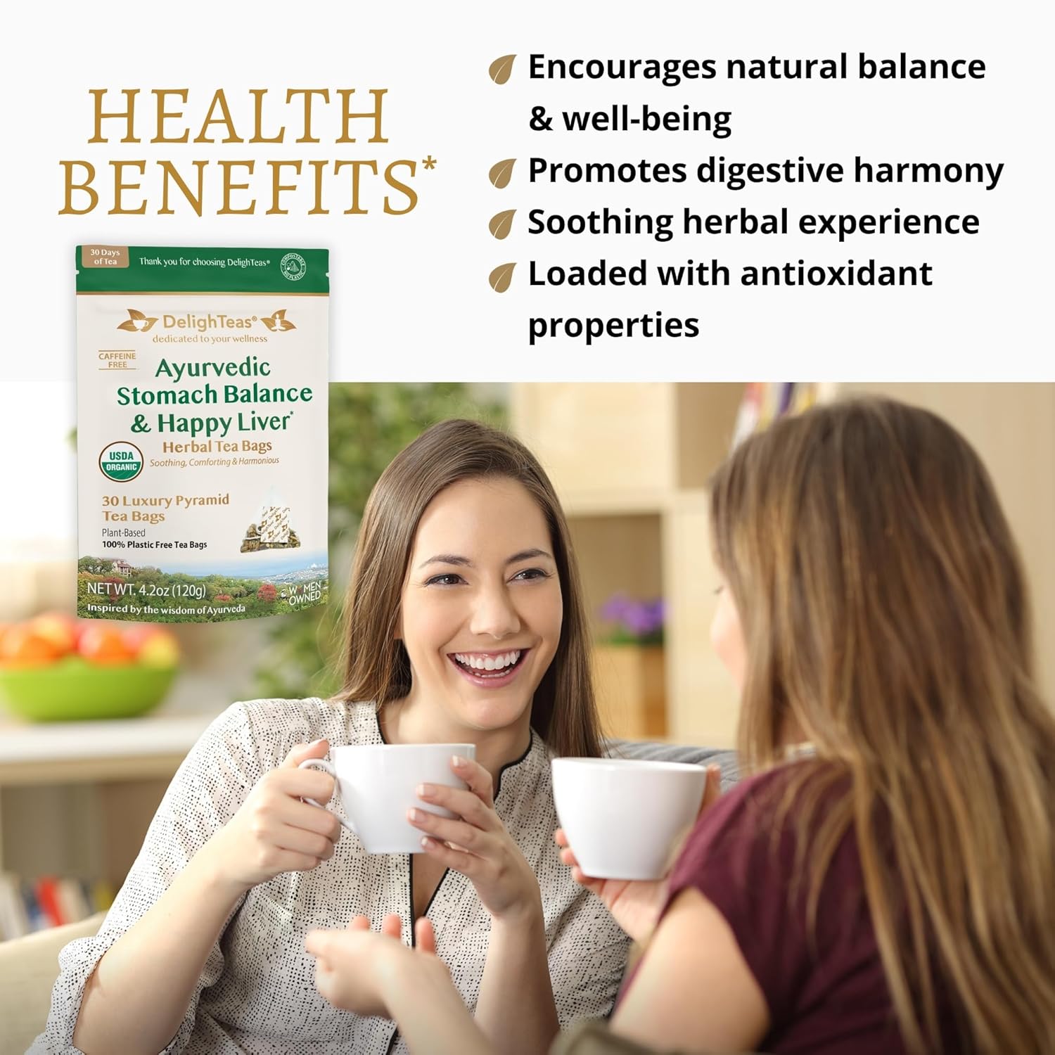 DelighTeas Ayurvedic Herbal Stomach & Liver Tea Bags | Eco-Friendly, Compostable Pyramids | Organic Milk Thistle, Fennel, Ginger, Peppermint & Licorice | Caffeine-Free, Kosher | 30 Tea Bags 4g Each