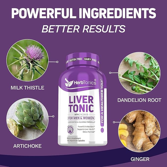 Herbtonics Liver Cleanse Detox & Repair | 20-in-1 Liver Detox Complex | Milk Thistle Supplement with Artichoke, Dandelion, Turmeric, Berberine | 240 Vegan Capsules